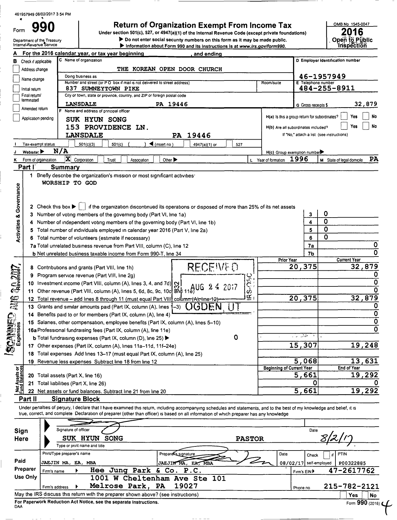 Image of first page of 2016 Form 990O for Korean Open Door Church