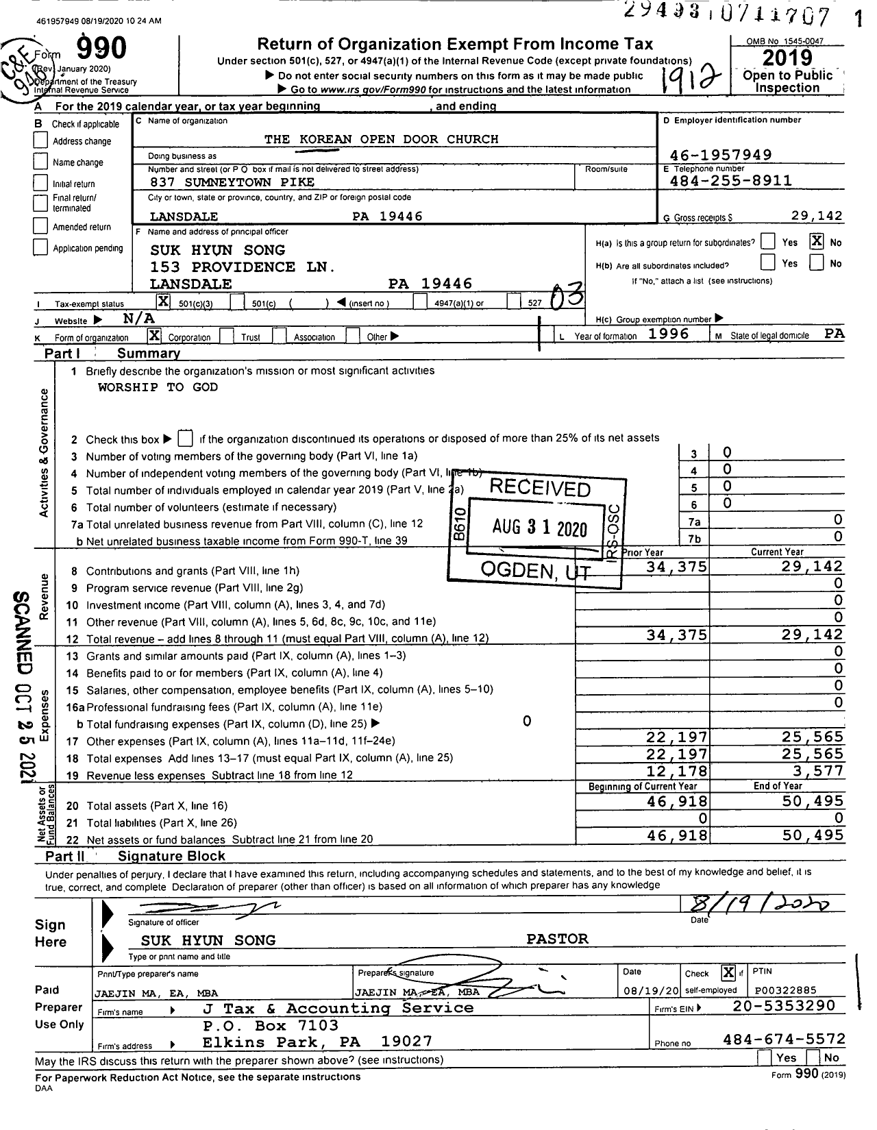 Image of first page of 2019 Form 990 for Korean Open Door Church