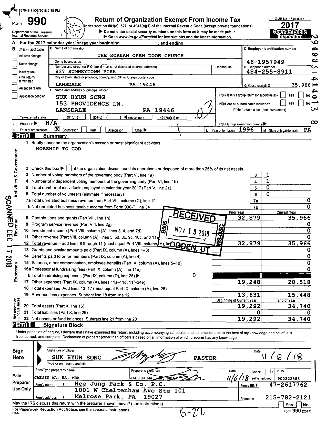 Image of first page of 2017 Form 990 for Korean Open Door Church