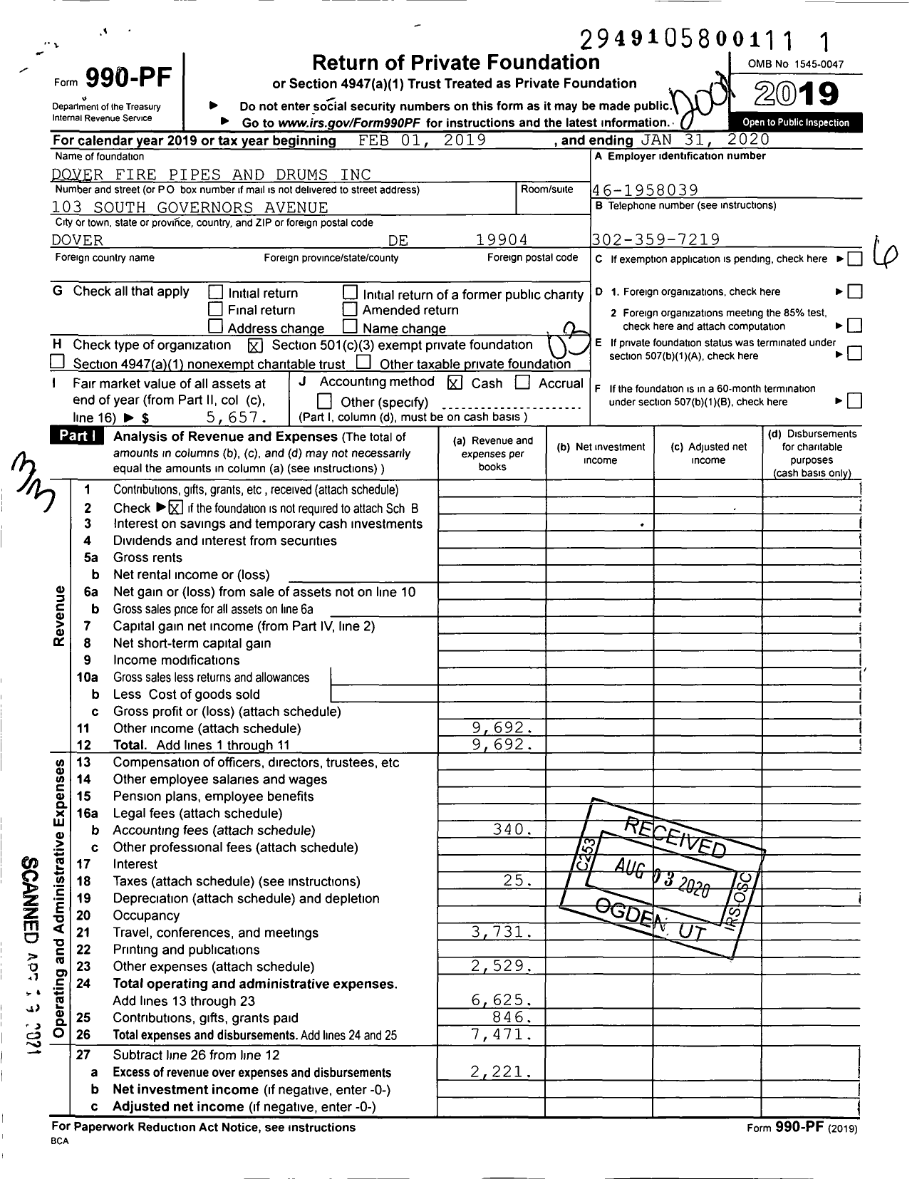 Image of first page of 2019 Form 990PF for Delaware Celtic Society Pipe Band