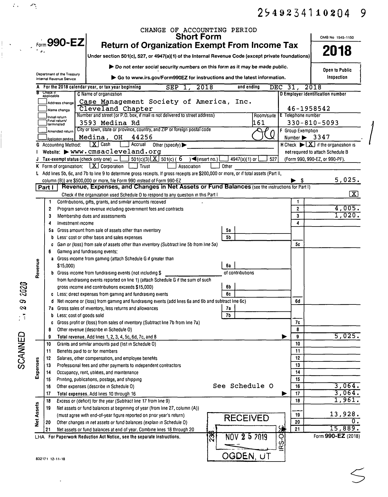 Image of first page of 2018 Form 990EO for Case Management Society of America / Cleveland Chapter of Cmsa