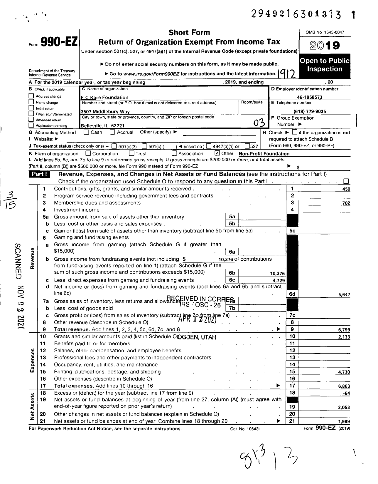 Image of first page of 2019 Form 990EZ for Ec Kare Foundation