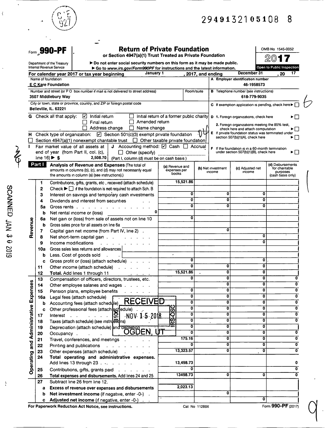 Image of first page of 2017 Form 990PF for Ec Kare Foundation