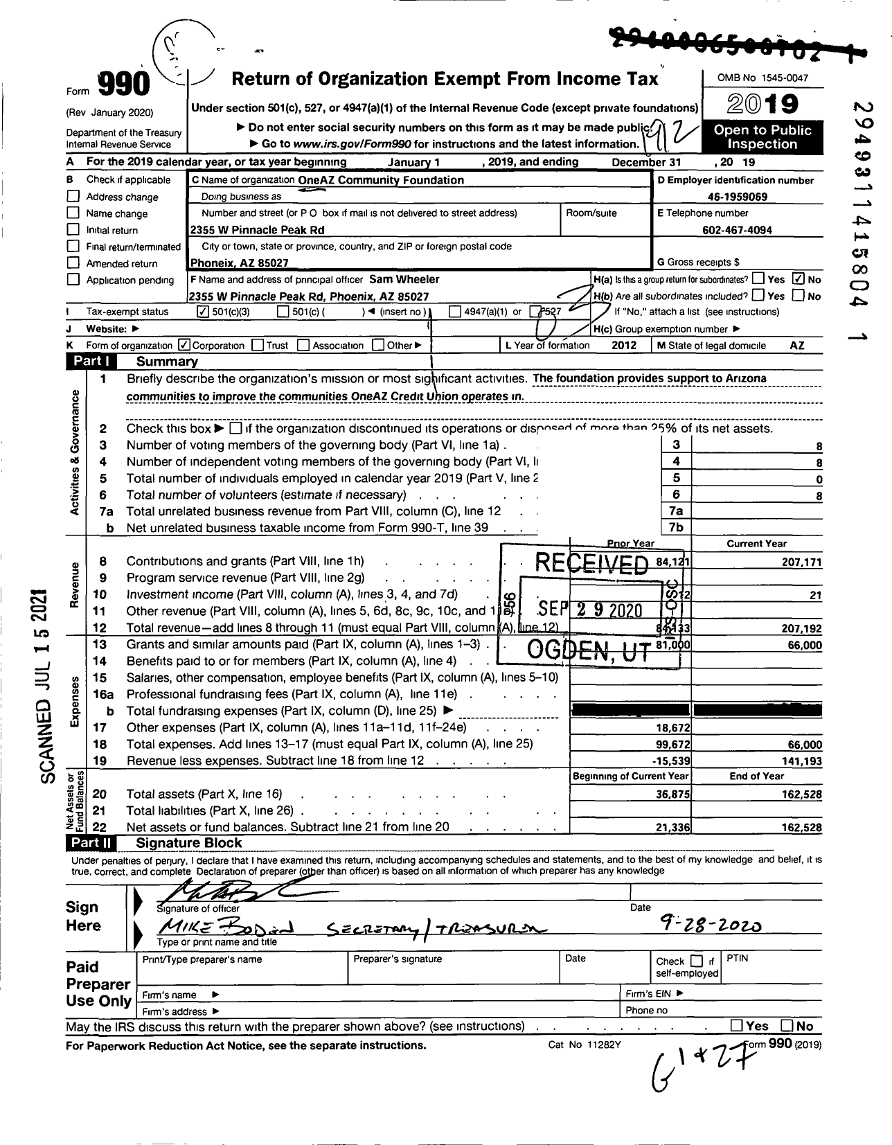 Image of first page of 2019 Form 990 for One Az Community Foundation