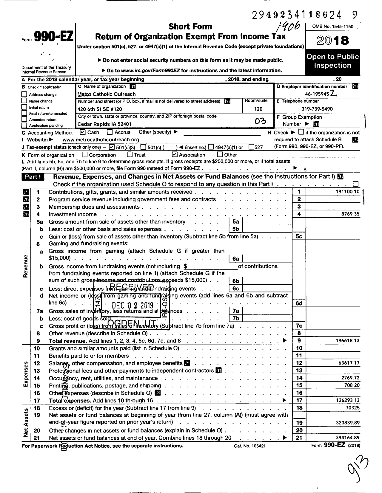 Image of first page of 2018 Form 990EZ for Metro Catholic Outreach