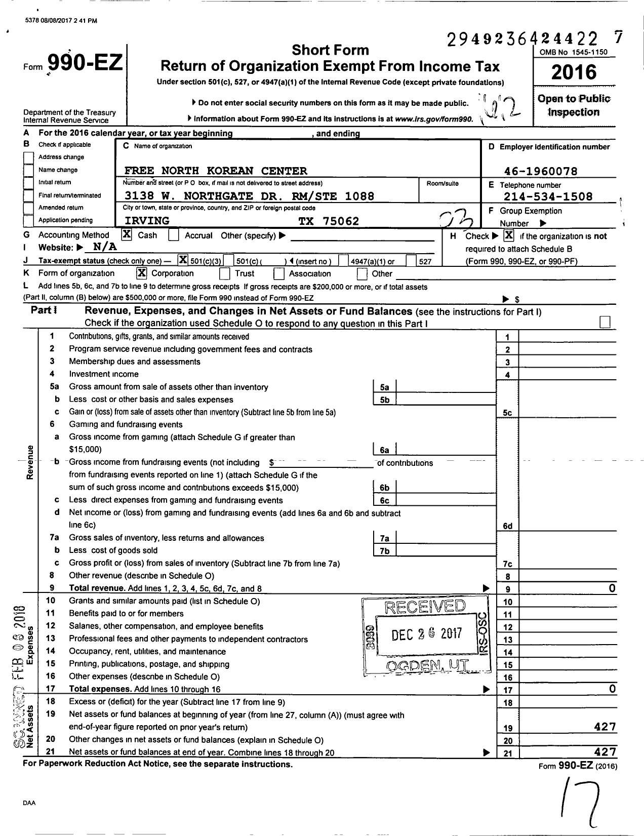 Image of first page of 2016 Form 990EZ for Free North Korean Center