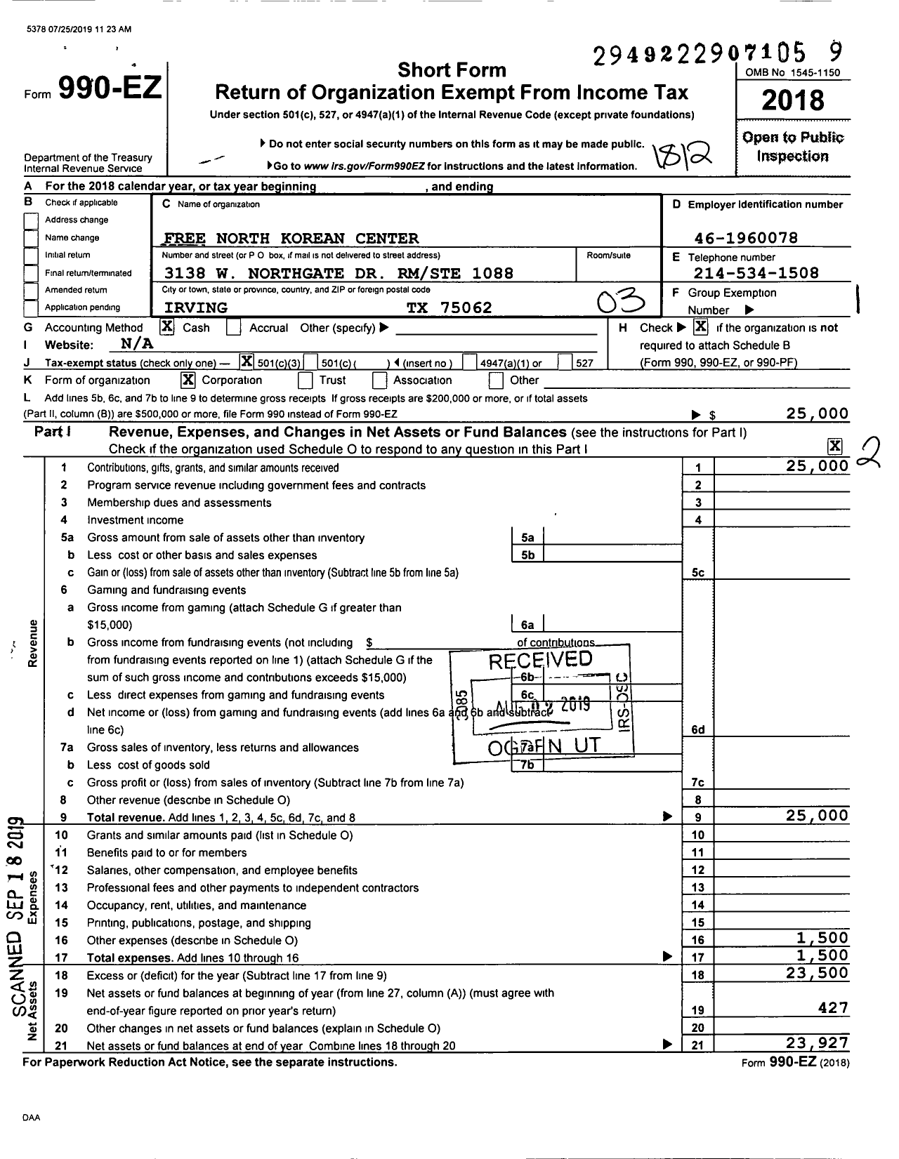 Image of first page of 2018 Form 990EZ for Free North Korean Center