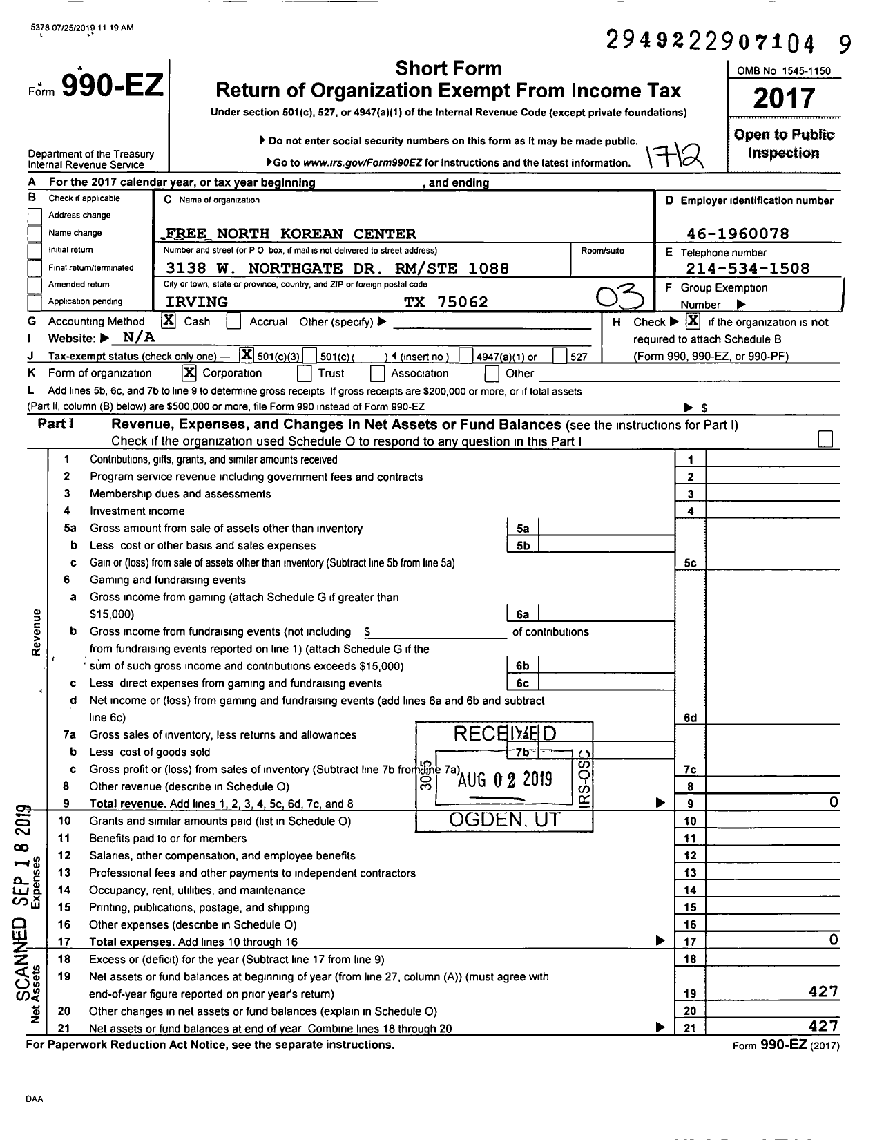 Image of first page of 2017 Form 990EZ for Free North Korean Center