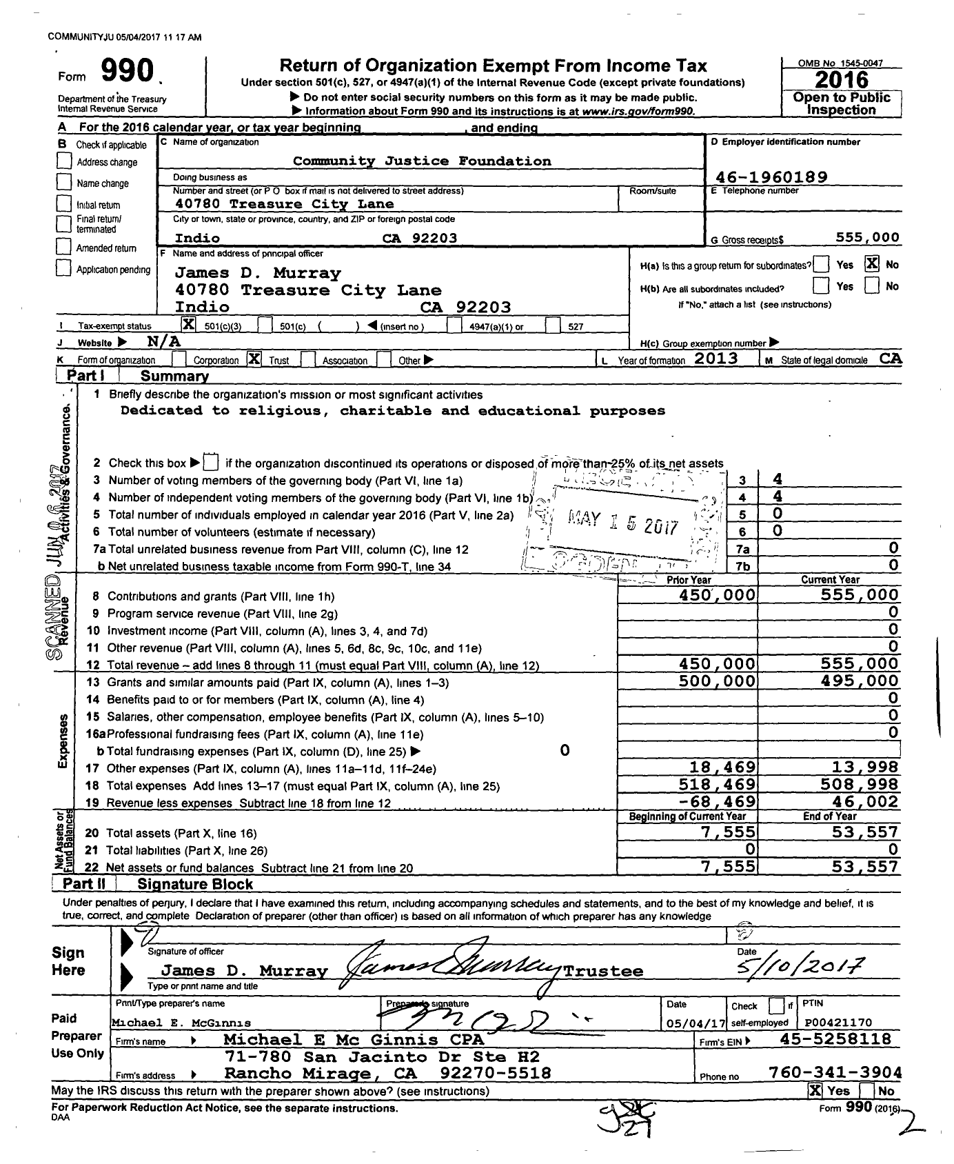 Image of first page of 2016 Form 990 for Community Justice Foundation