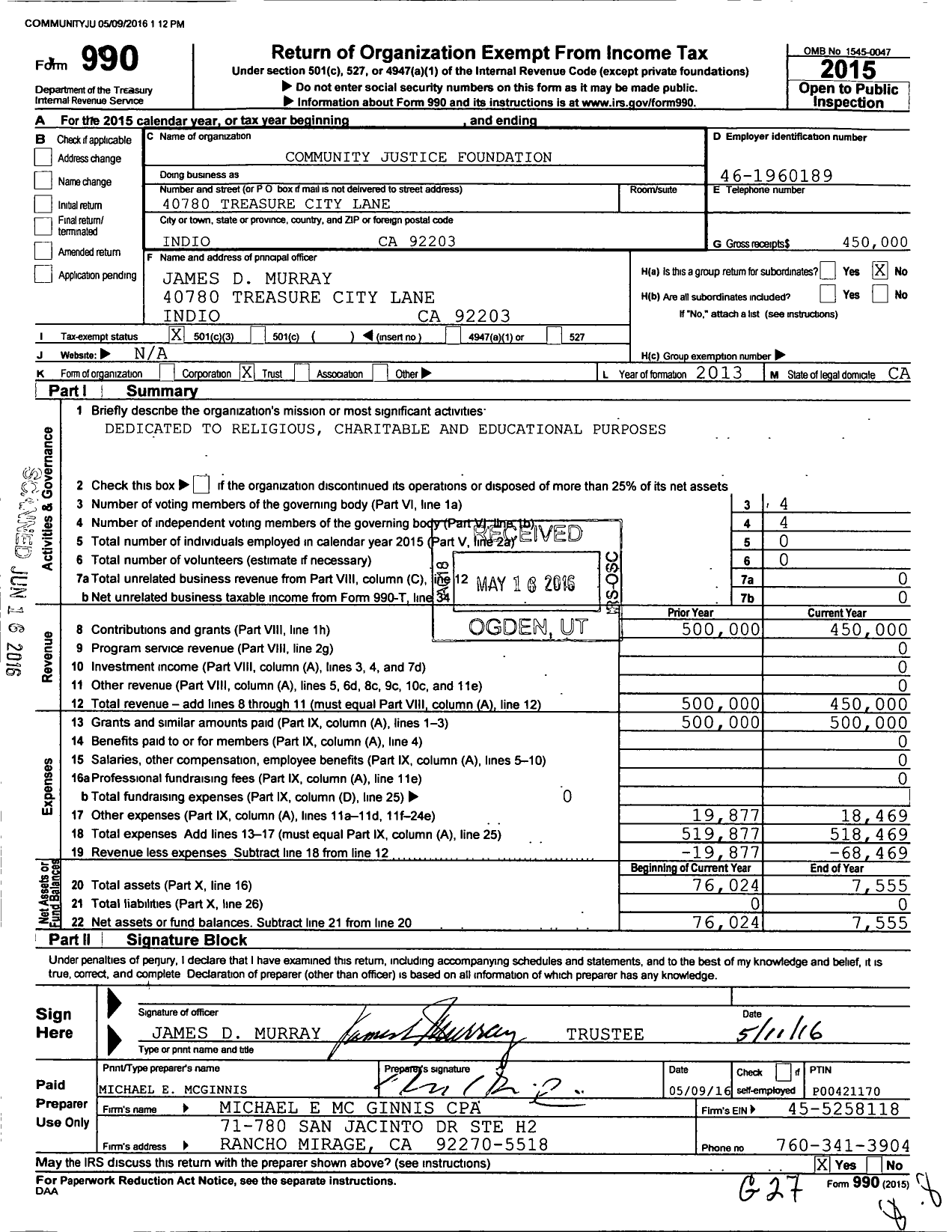 Image of first page of 2015 Form 990 for Community Justice Foundation