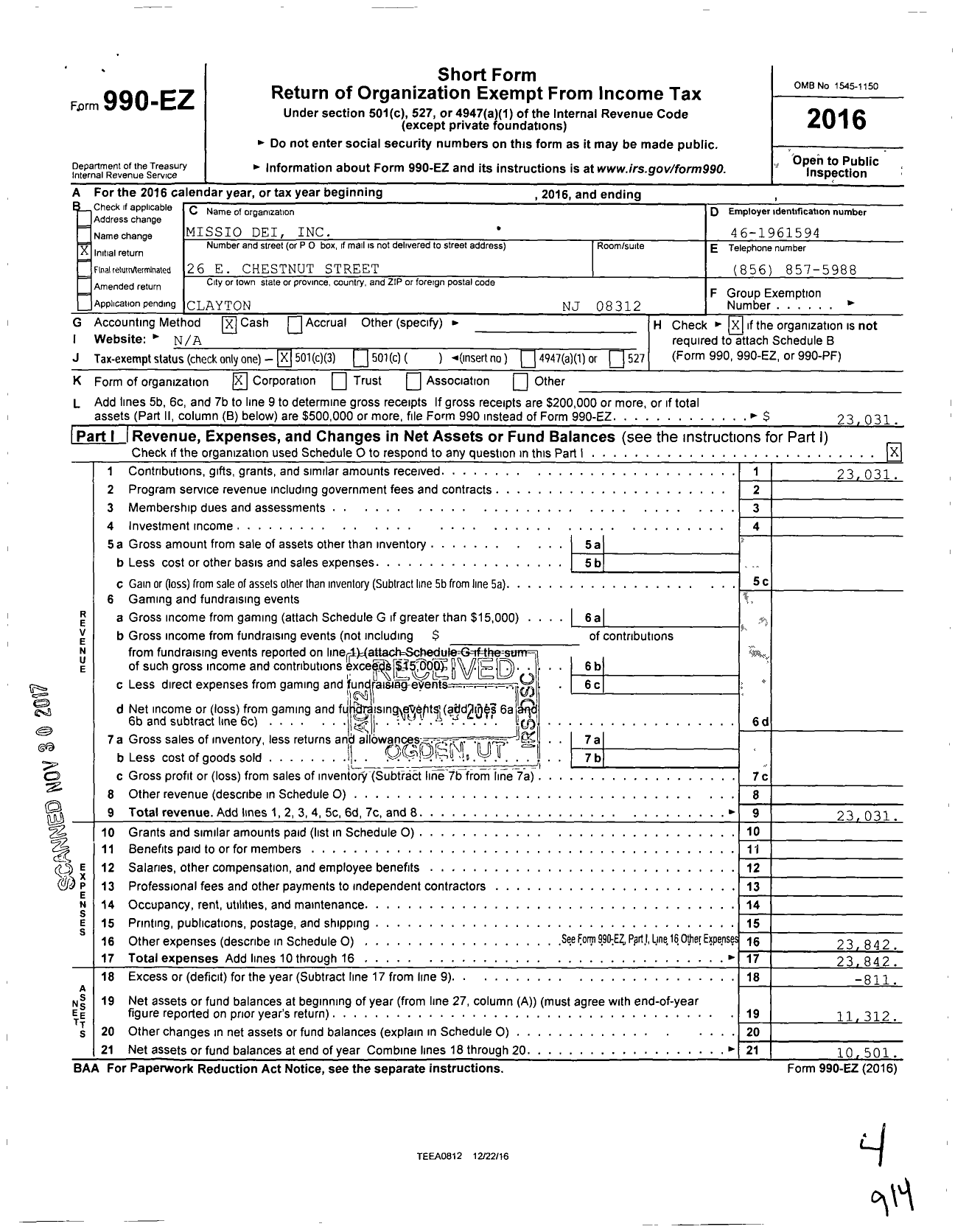 Image of first page of 2016 Form 990EZ for Missio Dei