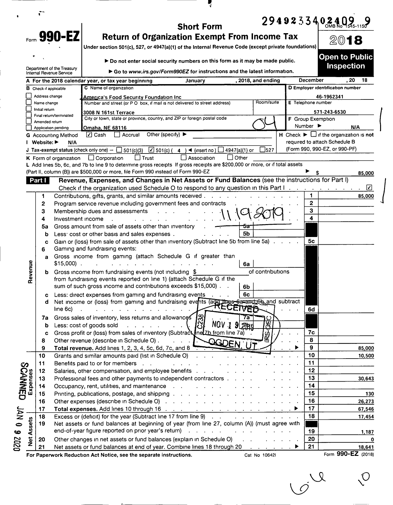 Image of first page of 2018 Form 990EO for America's Food Security Foundation