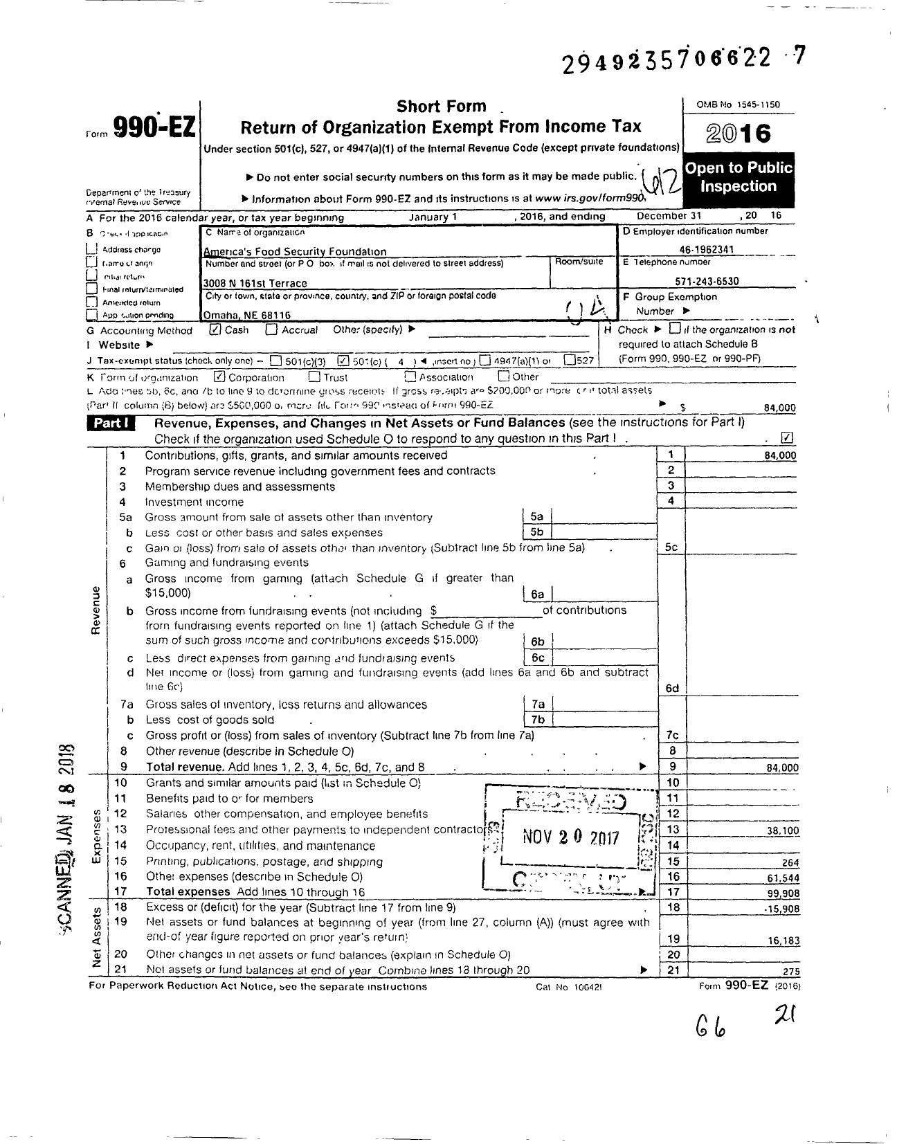 Image of first page of 2016 Form 990EO for America's Food Security Foundation