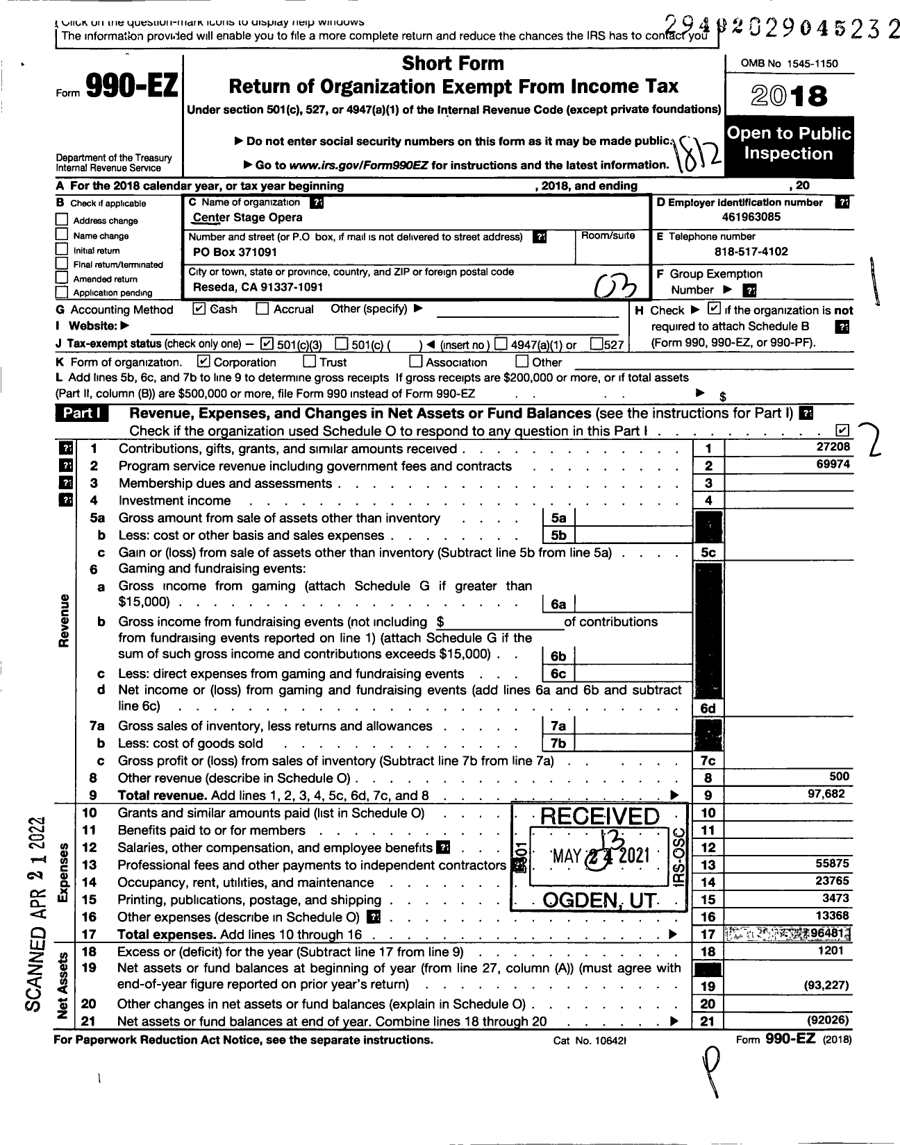 Image of first page of 2018 Form 990EZ for Valley Opera and Performing Arts