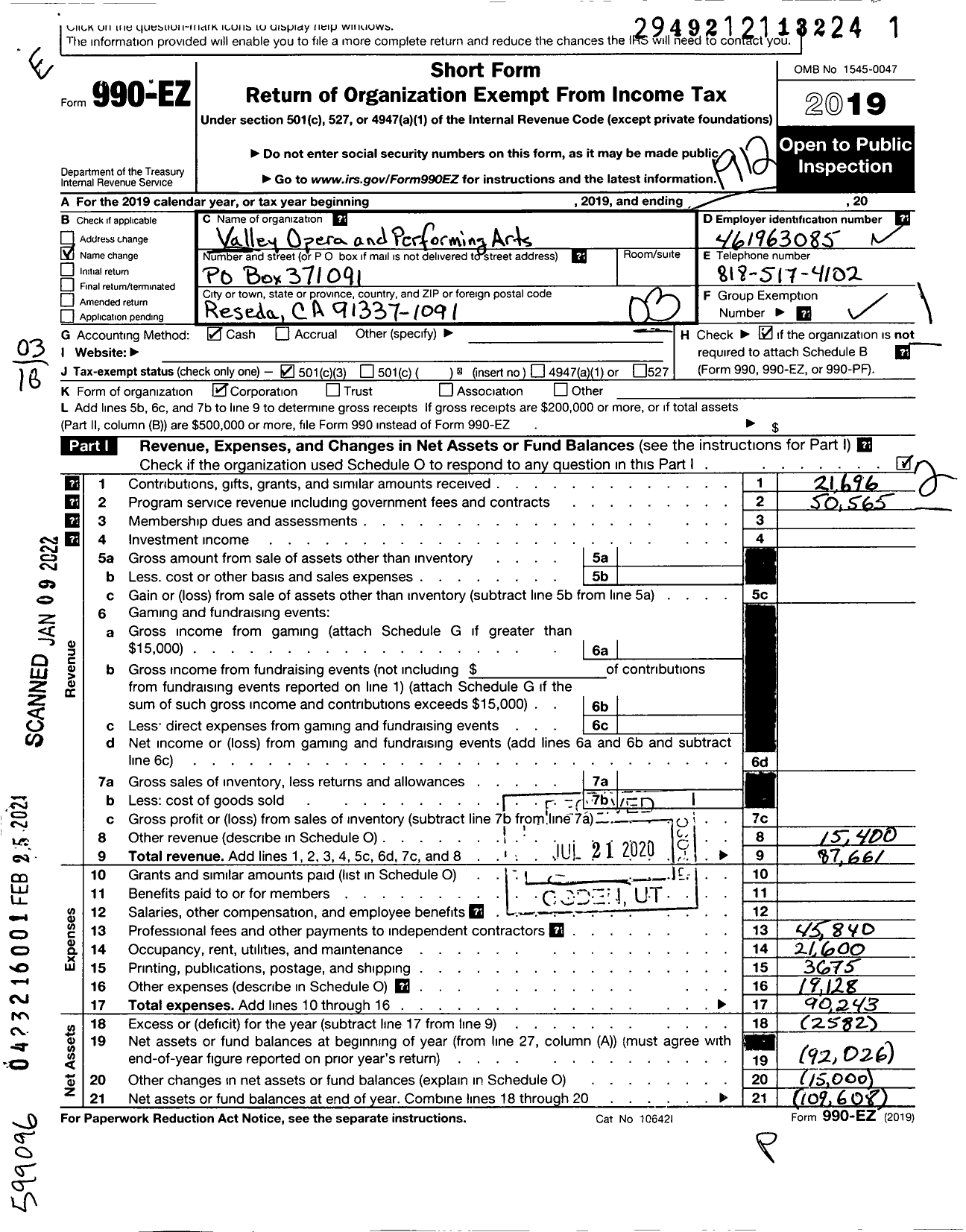 Image of first page of 2019 Form 990EZ for Valley Opera and Performing Arts