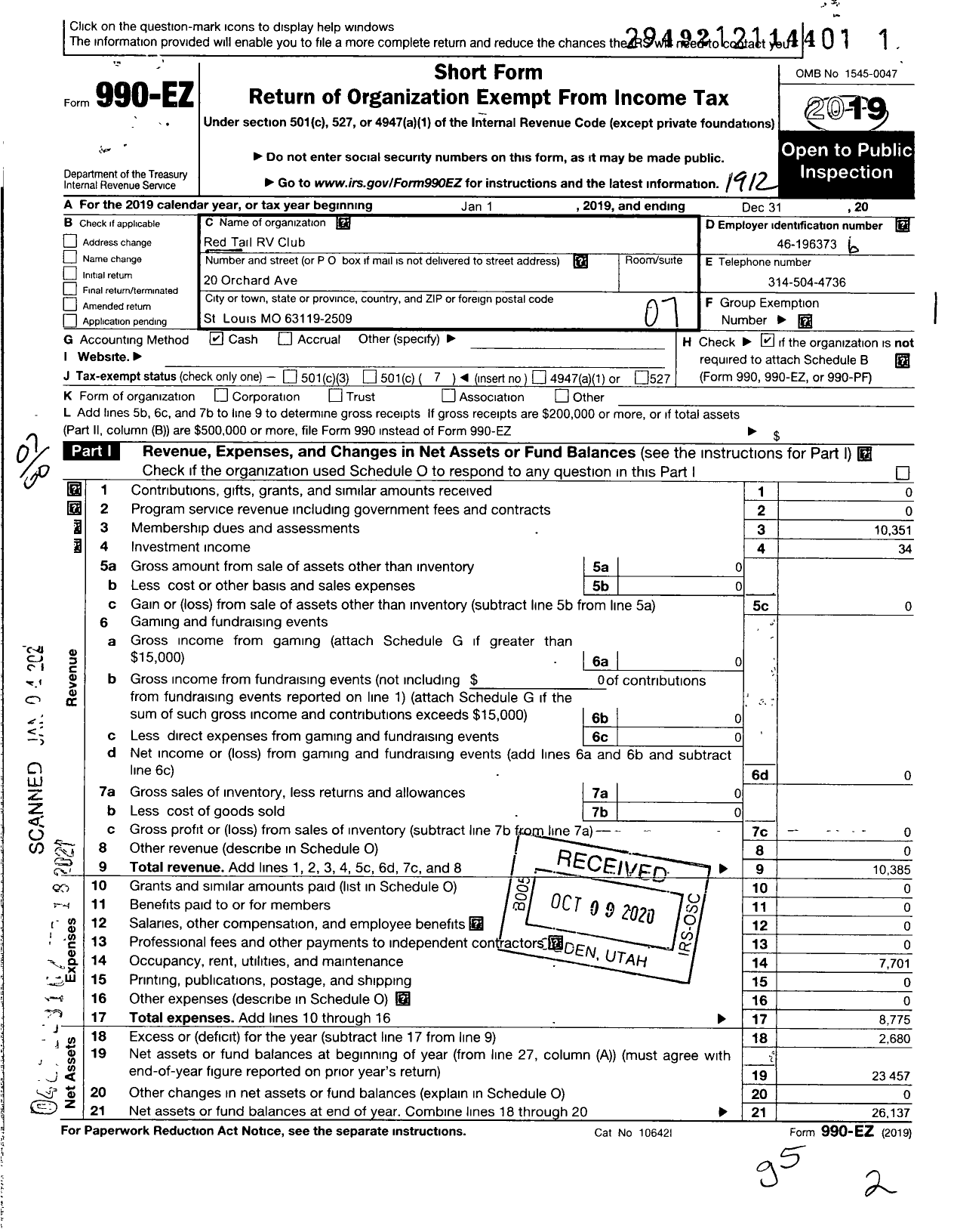 Image of first page of 2019 Form 990EO for Red Tail RV Club