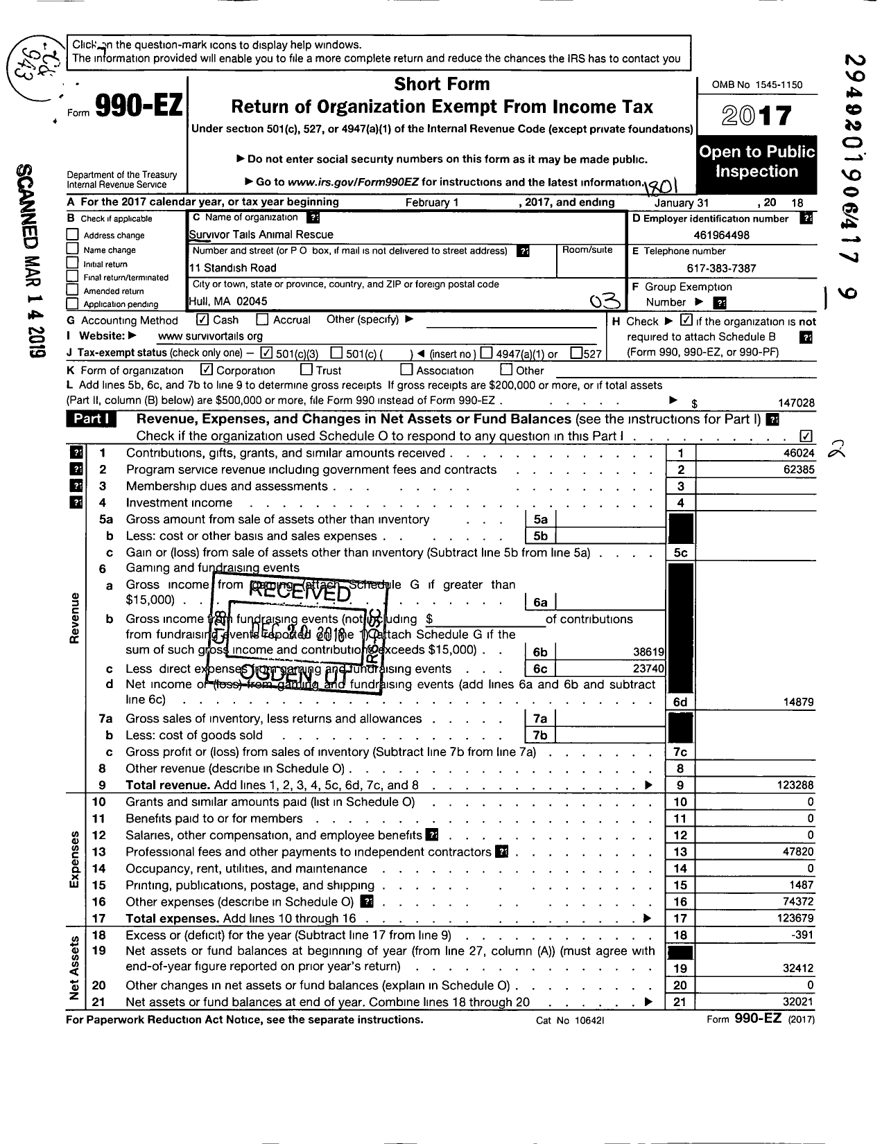 Image of first page of 2017 Form 990EZ for Survivor Tails Animal Rescue