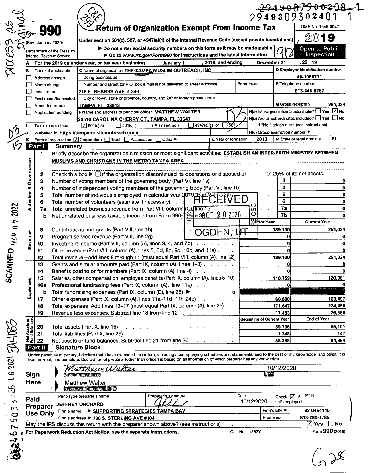 Image of first page of 2019 Form 990 for Tampa Muslim Outreach