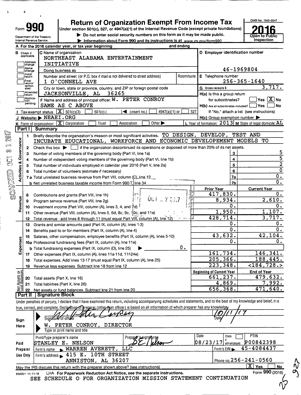 Image of first page of 2016 Form 990 for Northeast Alabama Entertainment Initiative