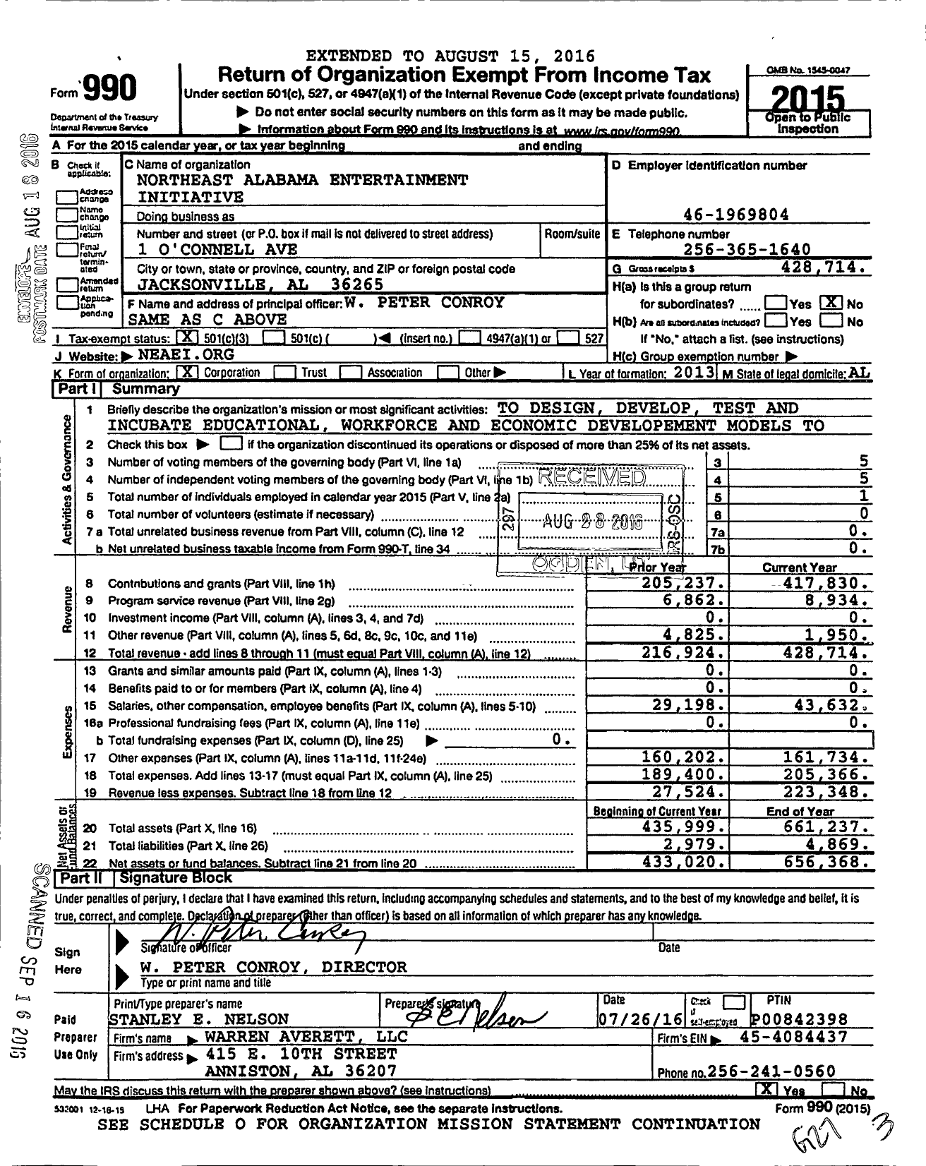 Image of first page of 2015 Form 990 for Northeast Alabama Entertainment Initiative