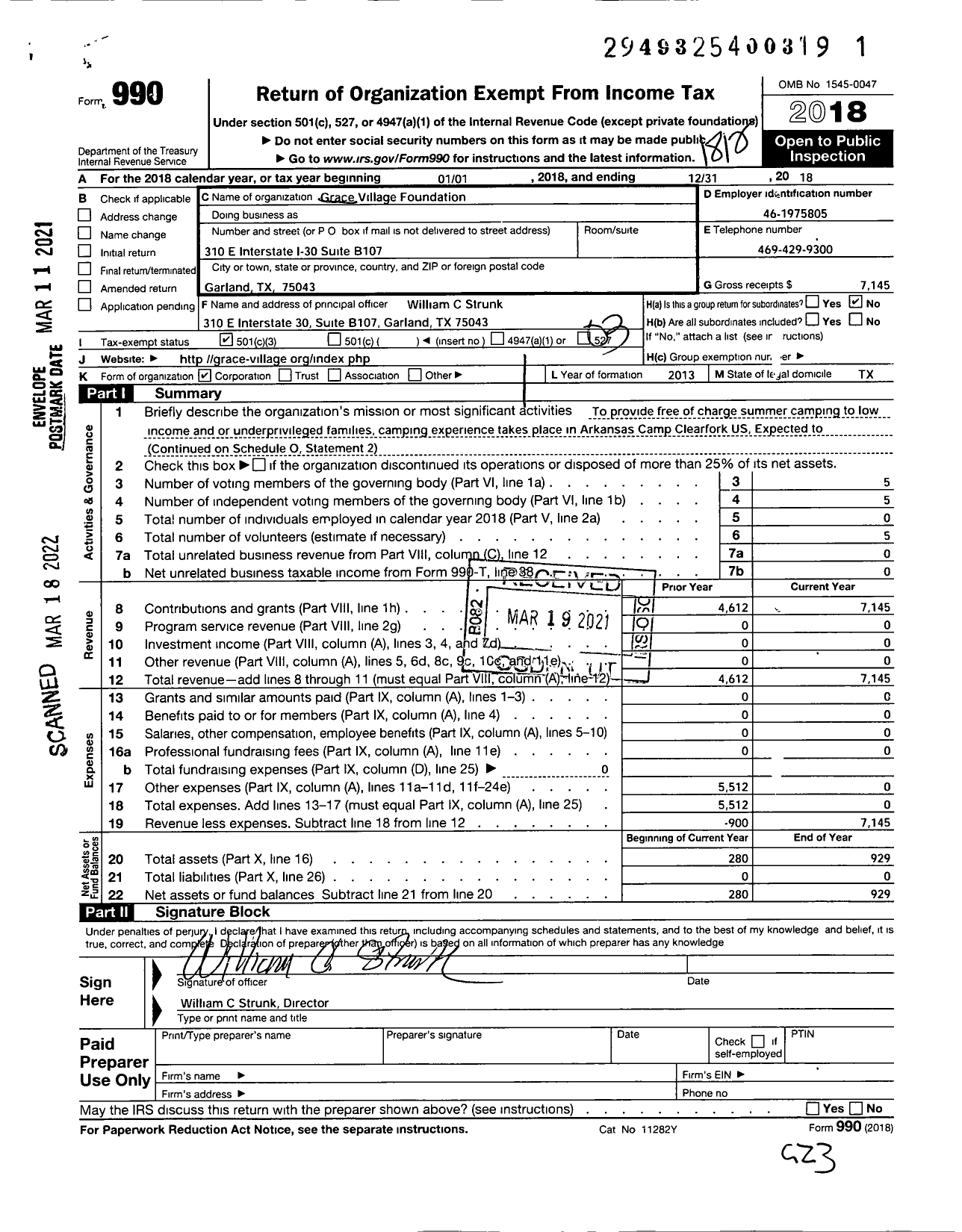 Image of first page of 2018 Form 990 for Grace Village Foundation