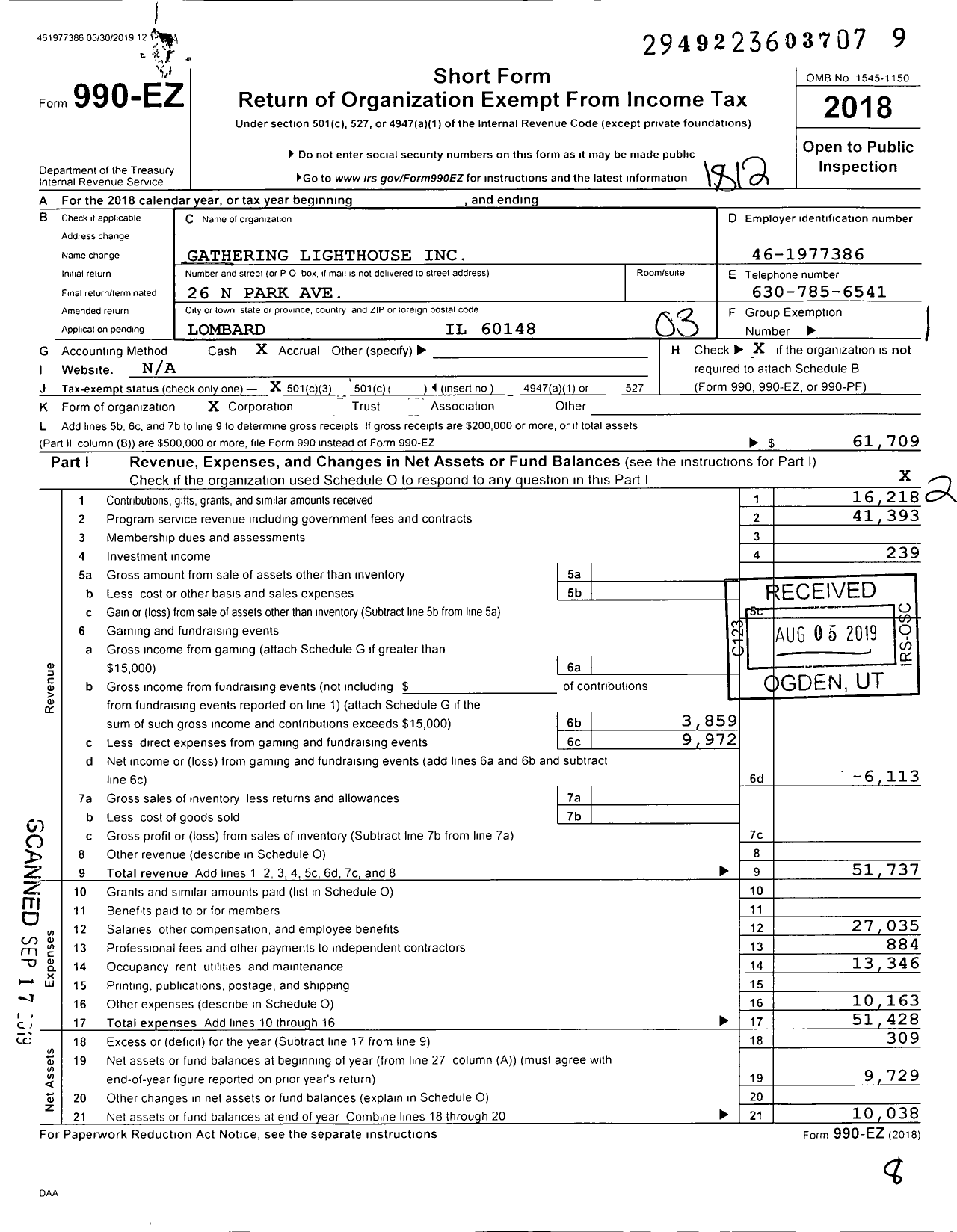 Image of first page of 2018 Form 990EZ for Gathering Lighthouse