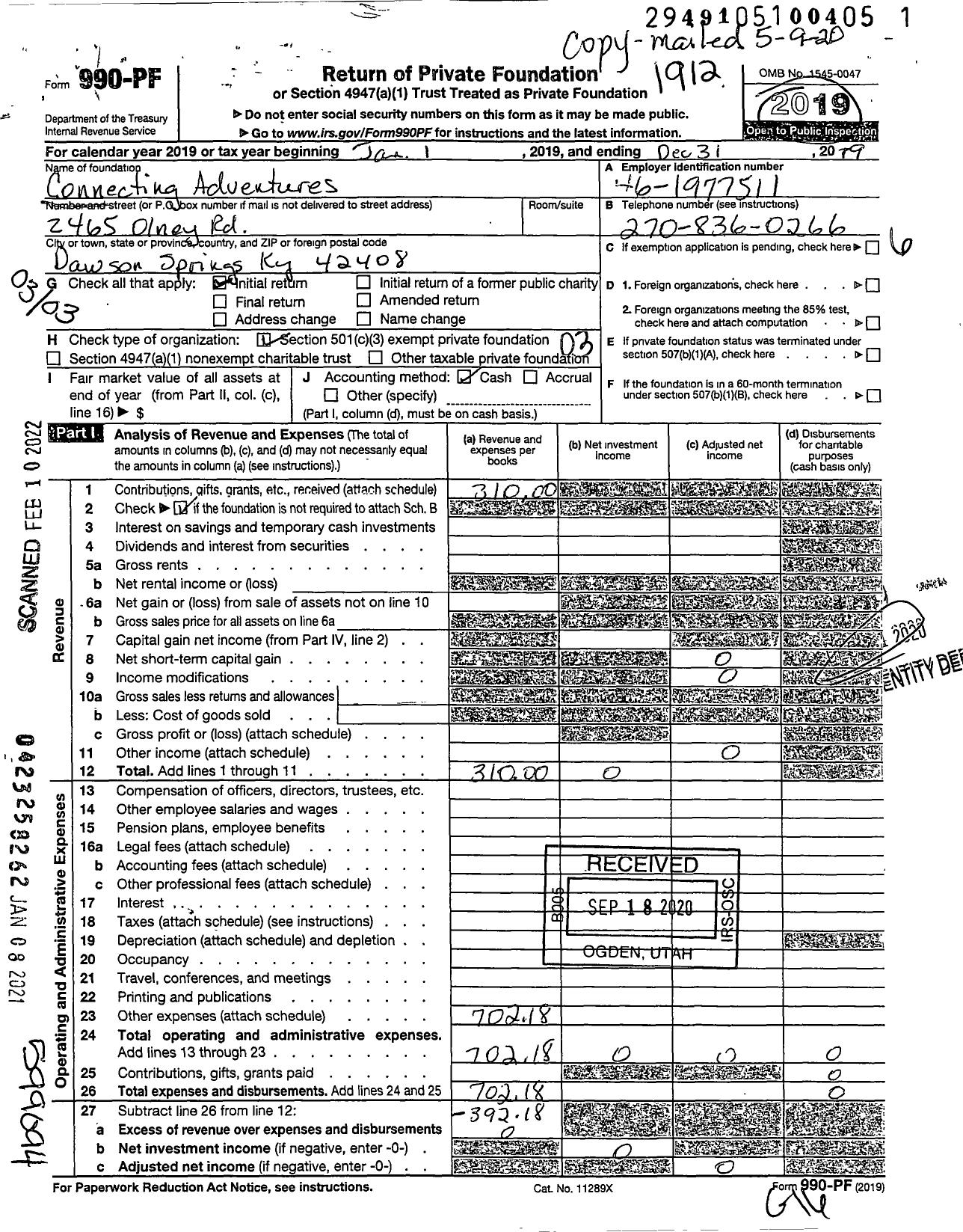 Image of first page of 2019 Form 990PF for Connecting Adventures