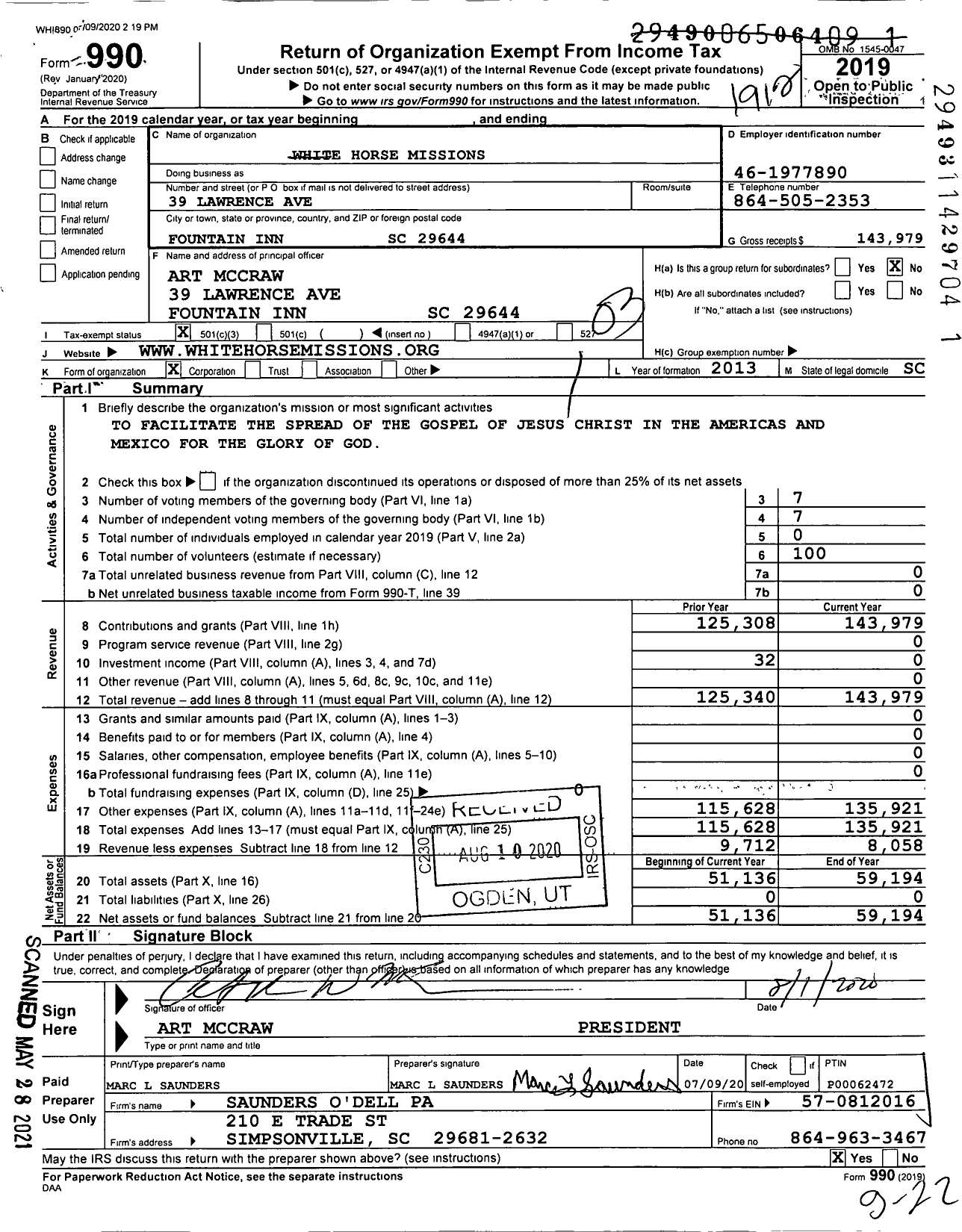 Image of first page of 2019 Form 990 for White Horse Missions