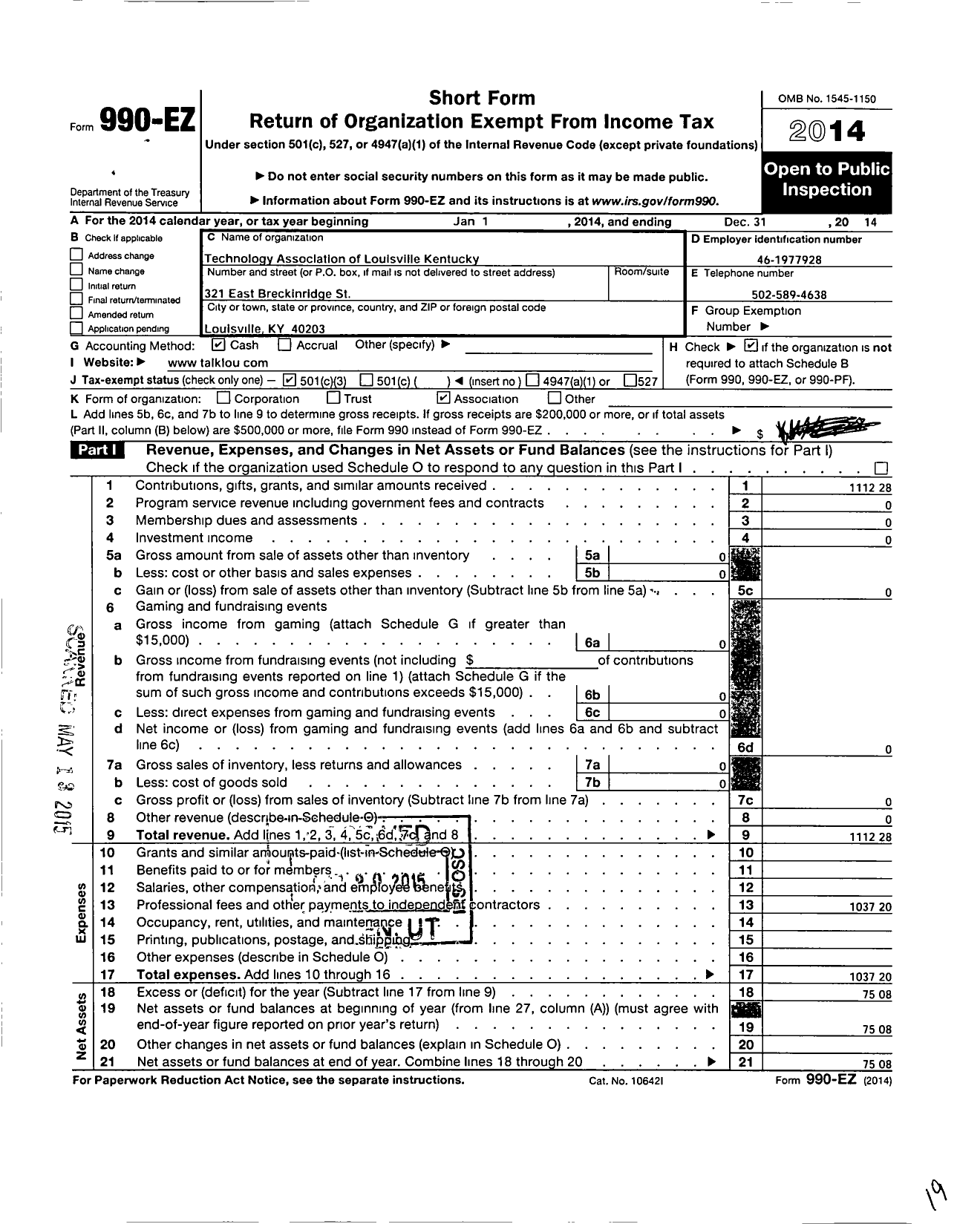 Image of first page of 2014 Form 990EZ for Technology Association of Louisville Kentucky (TALK)