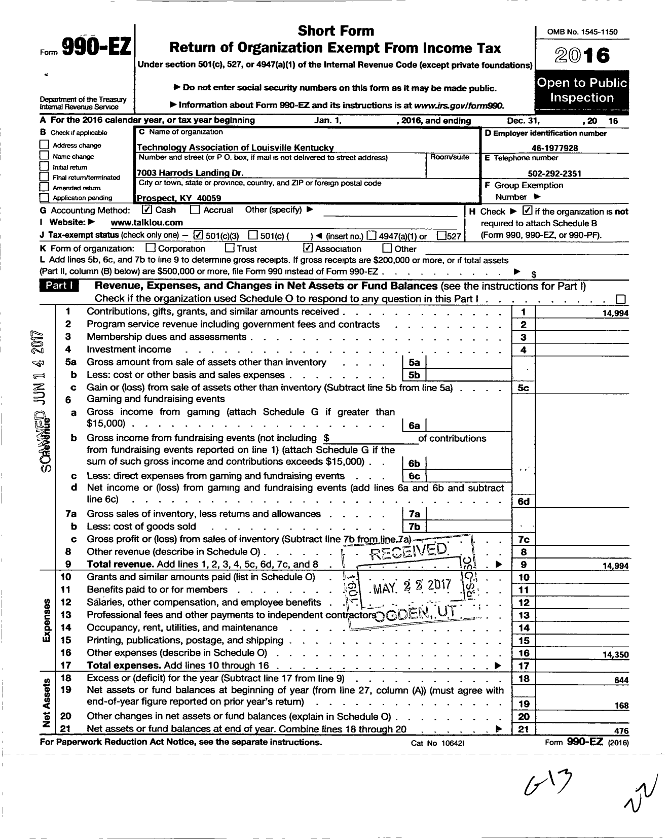 Image of first page of 2016 Form 990EZ for Technology Association of Louisville Kentucky (TALK)