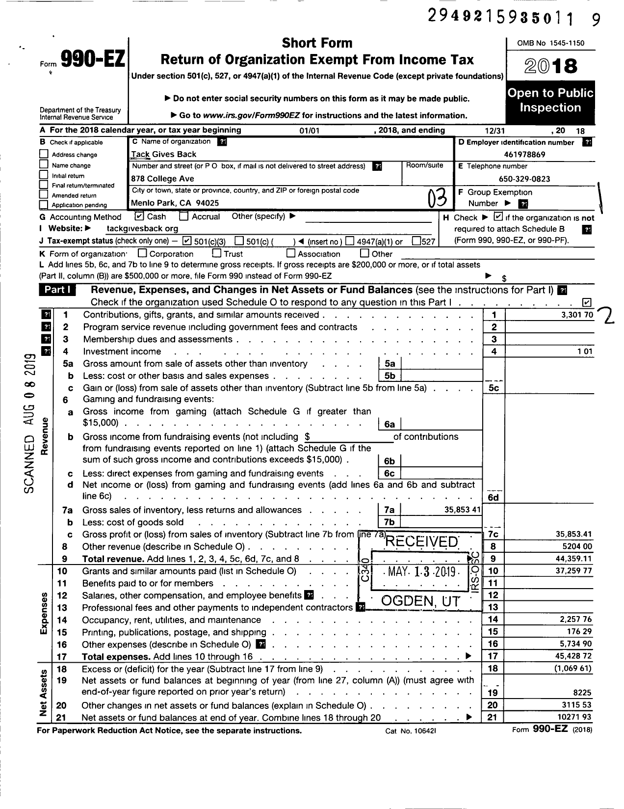 Image of first page of 2018 Form 990EZ for Tack Gives Back