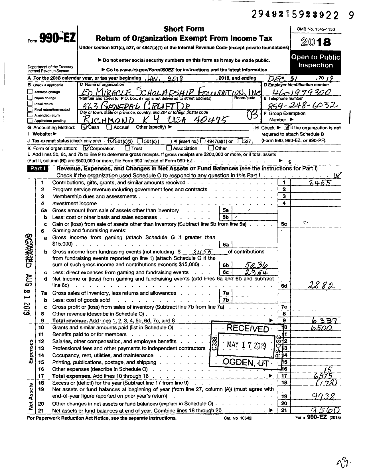 Image of first page of 2018 Form 990EZ for Ed Miracle Scholarship Foundation