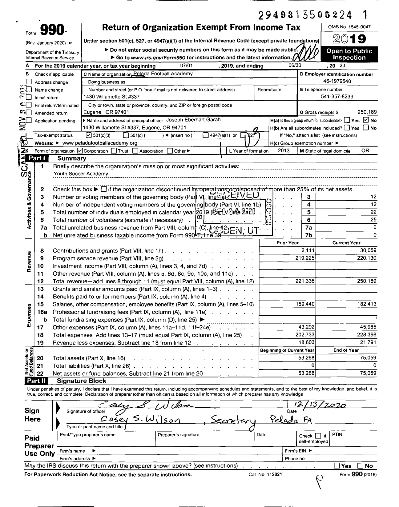 Image of first page of 2019 Form 990 for Pelada Football Academy