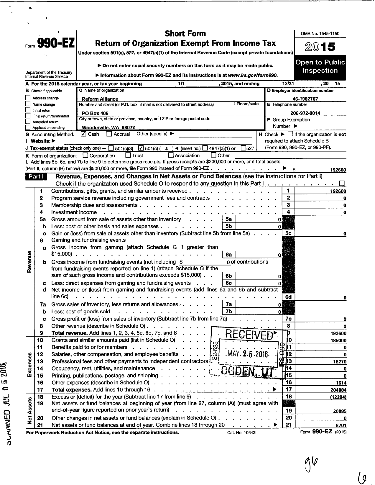 Image of first page of 2015 Form 990EO for Reform Alliance