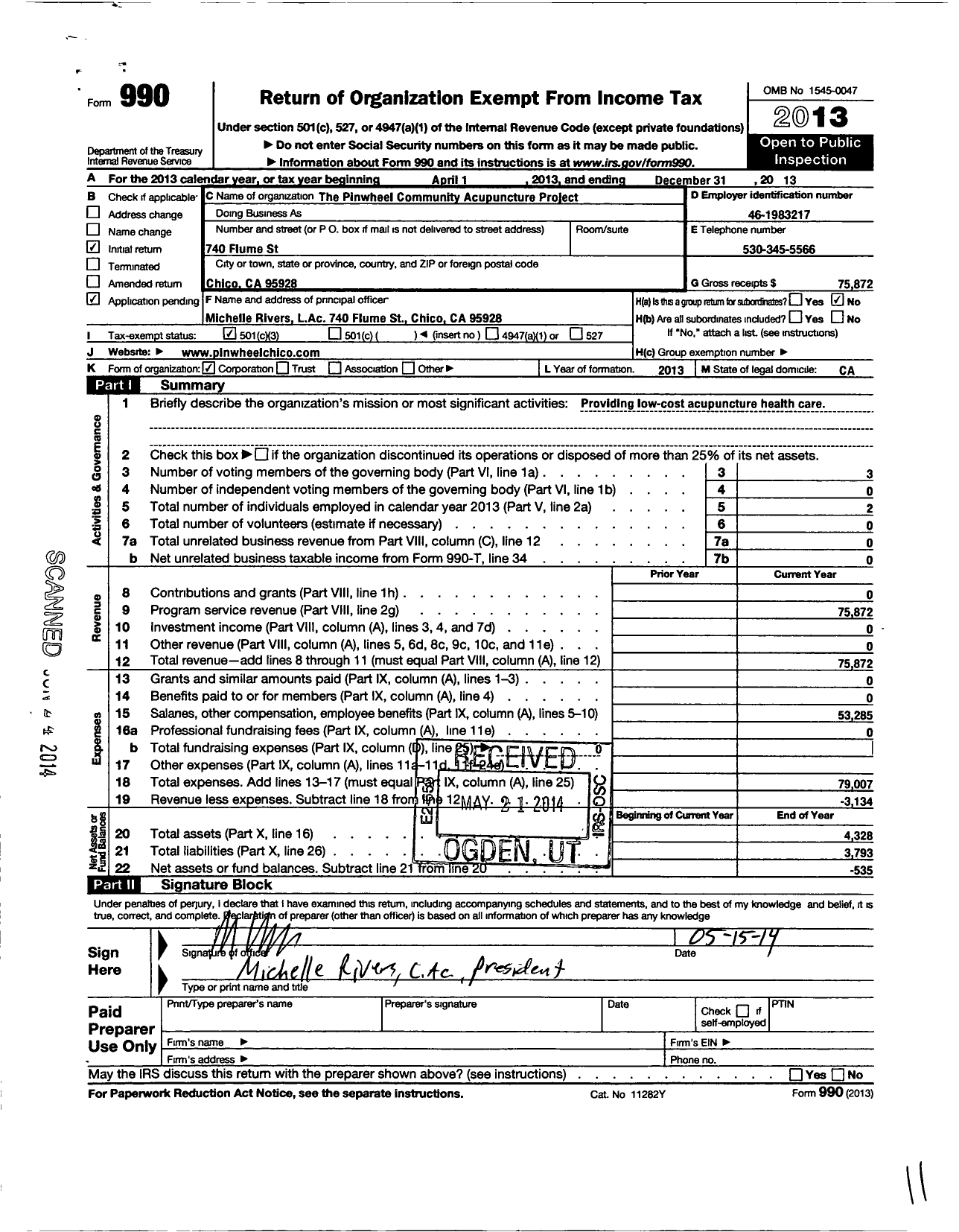 Image of first page of 2013 Form 990 for The Pinwheel Community Acupuncture Project