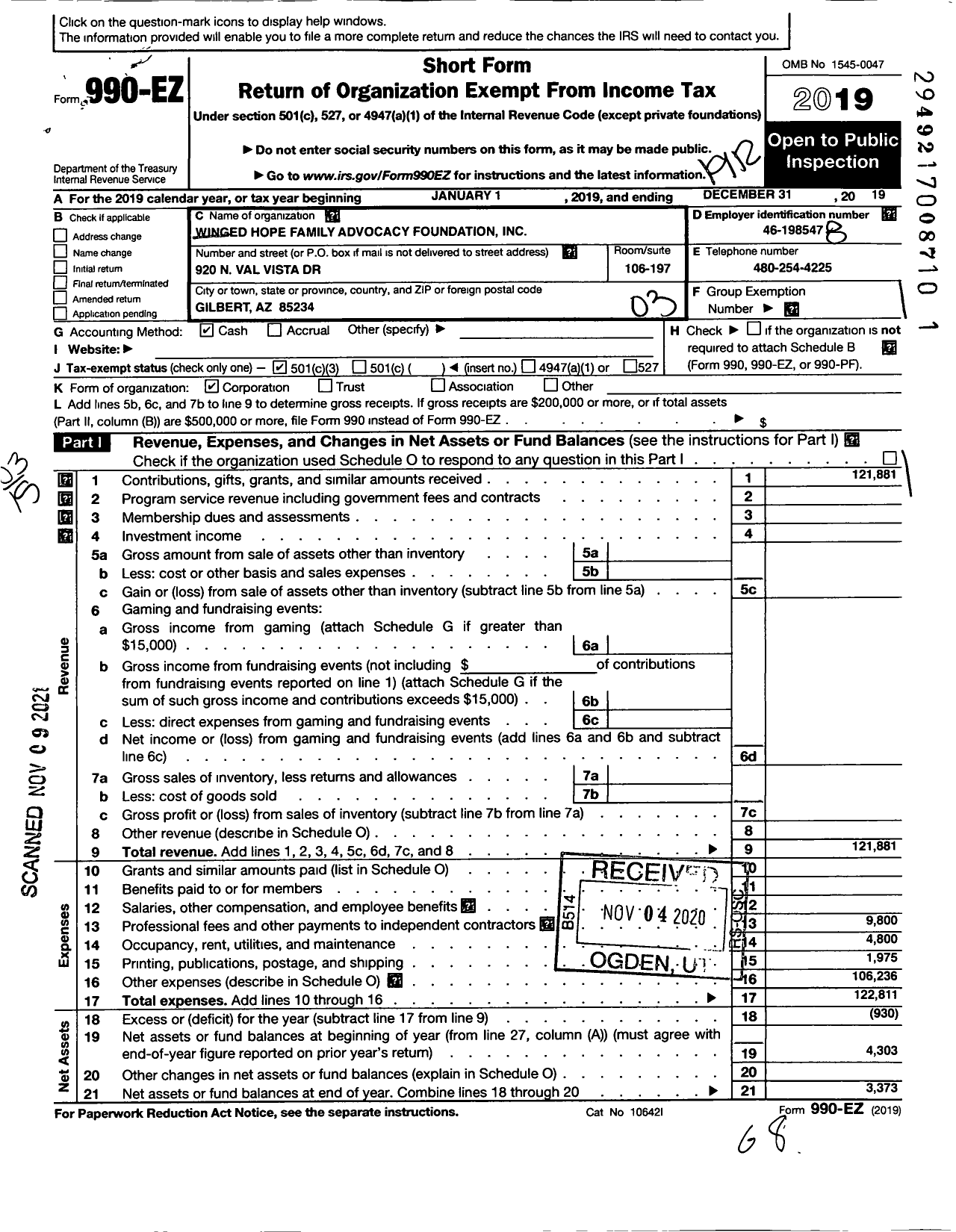 Image of first page of 2019 Form 990EZ for Winged Hope Family Advocacy Foundation