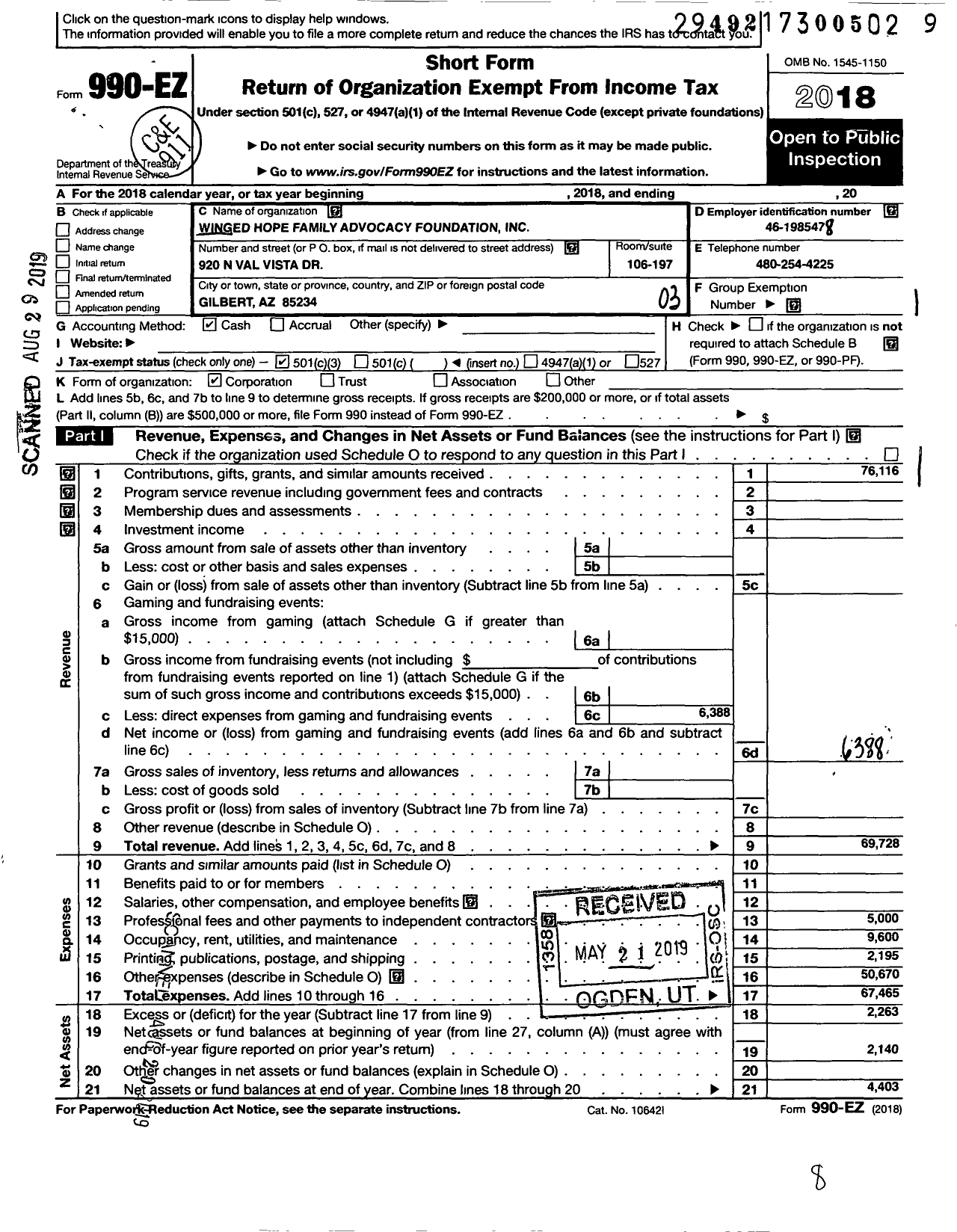 Image of first page of 2018 Form 990EZ for Winged Hope Family Advocacy Foundation