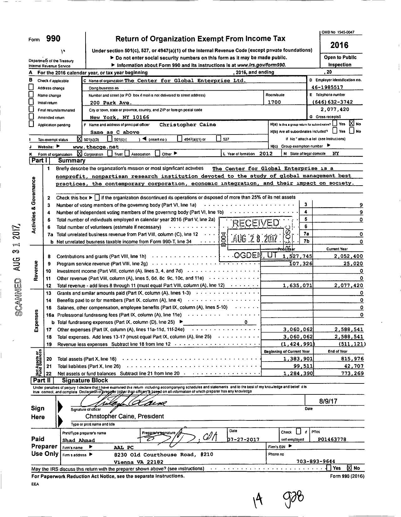 Image of first page of 2016 Form 990 for The Center for Global Enterprise