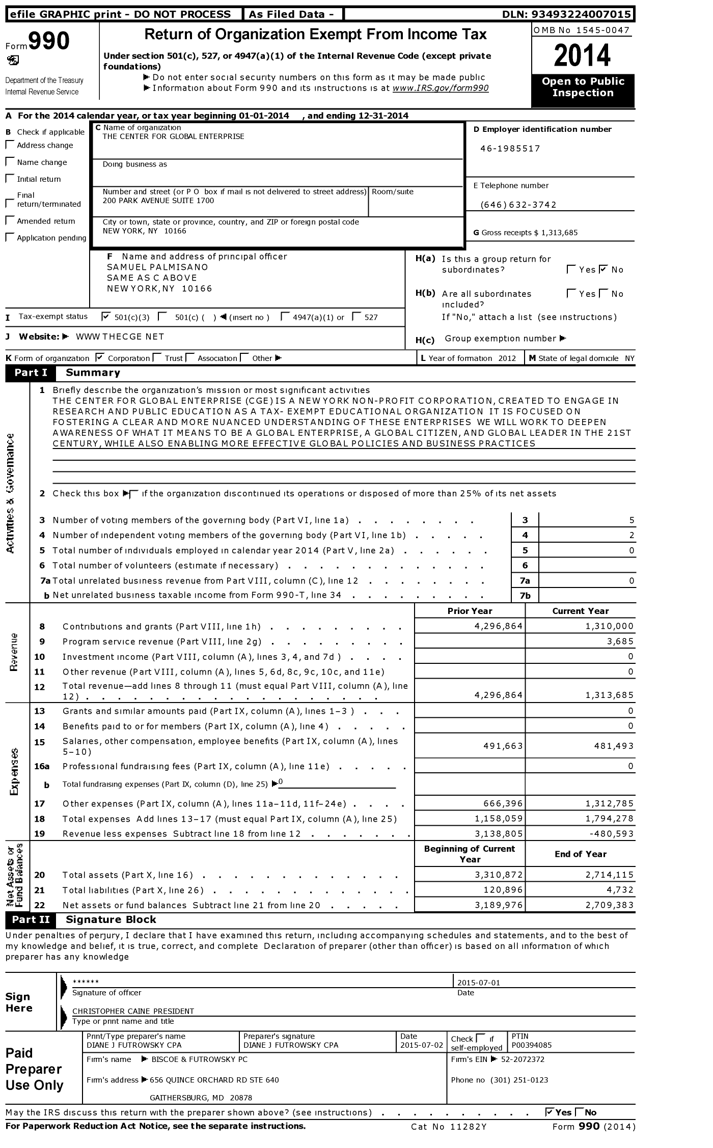 Image of first page of 2014 Form 990 for The Center for Global Enterprise