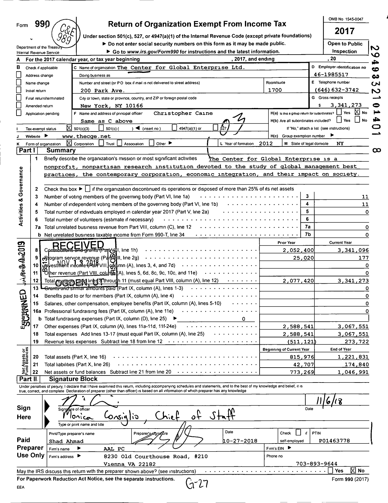 Image of first page of 2017 Form 990 for The Center for Global Enterprise