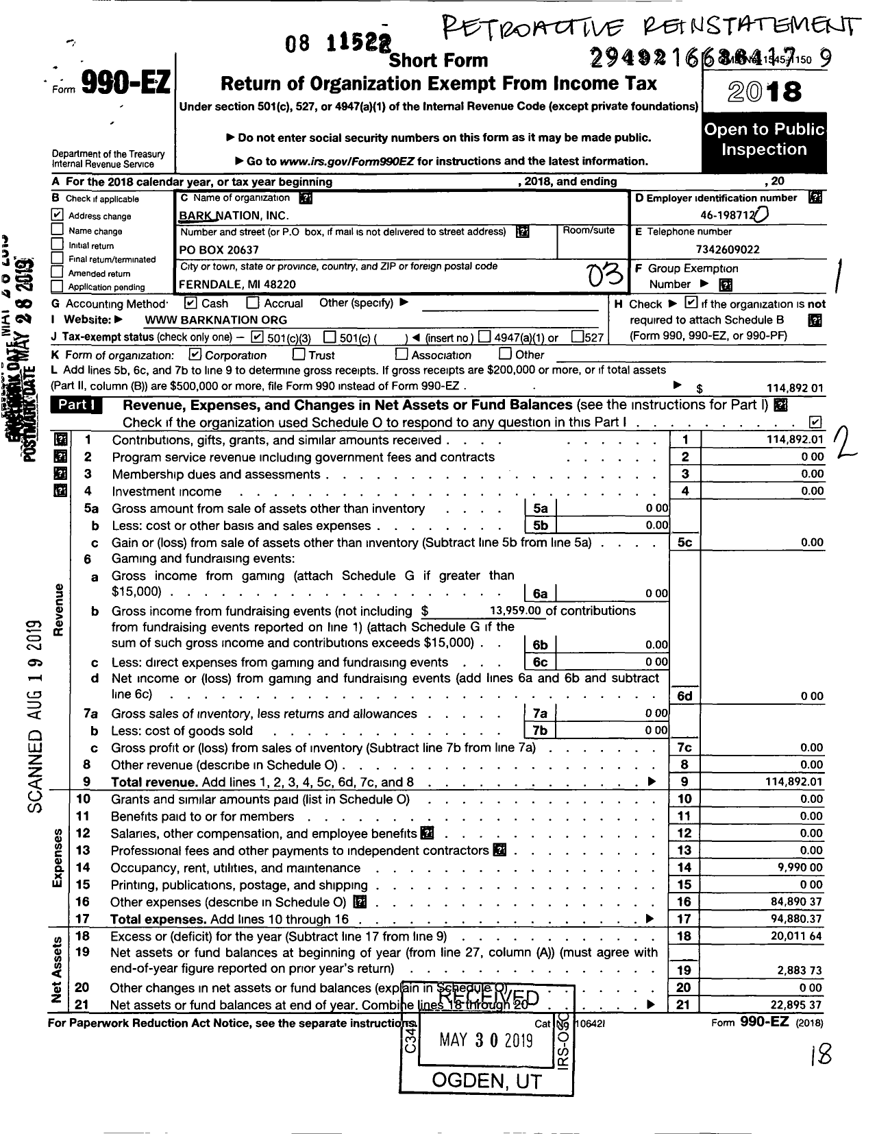 Image of first page of 2018 Form 990EZ for Bark Nation