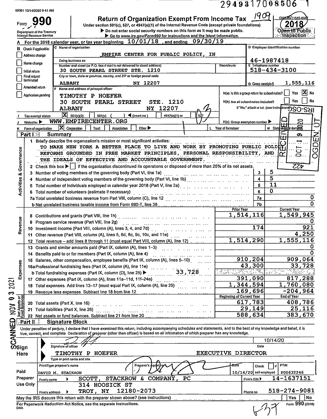 Image of first page of 2018 Form 990 for Empire Center for Public Policy