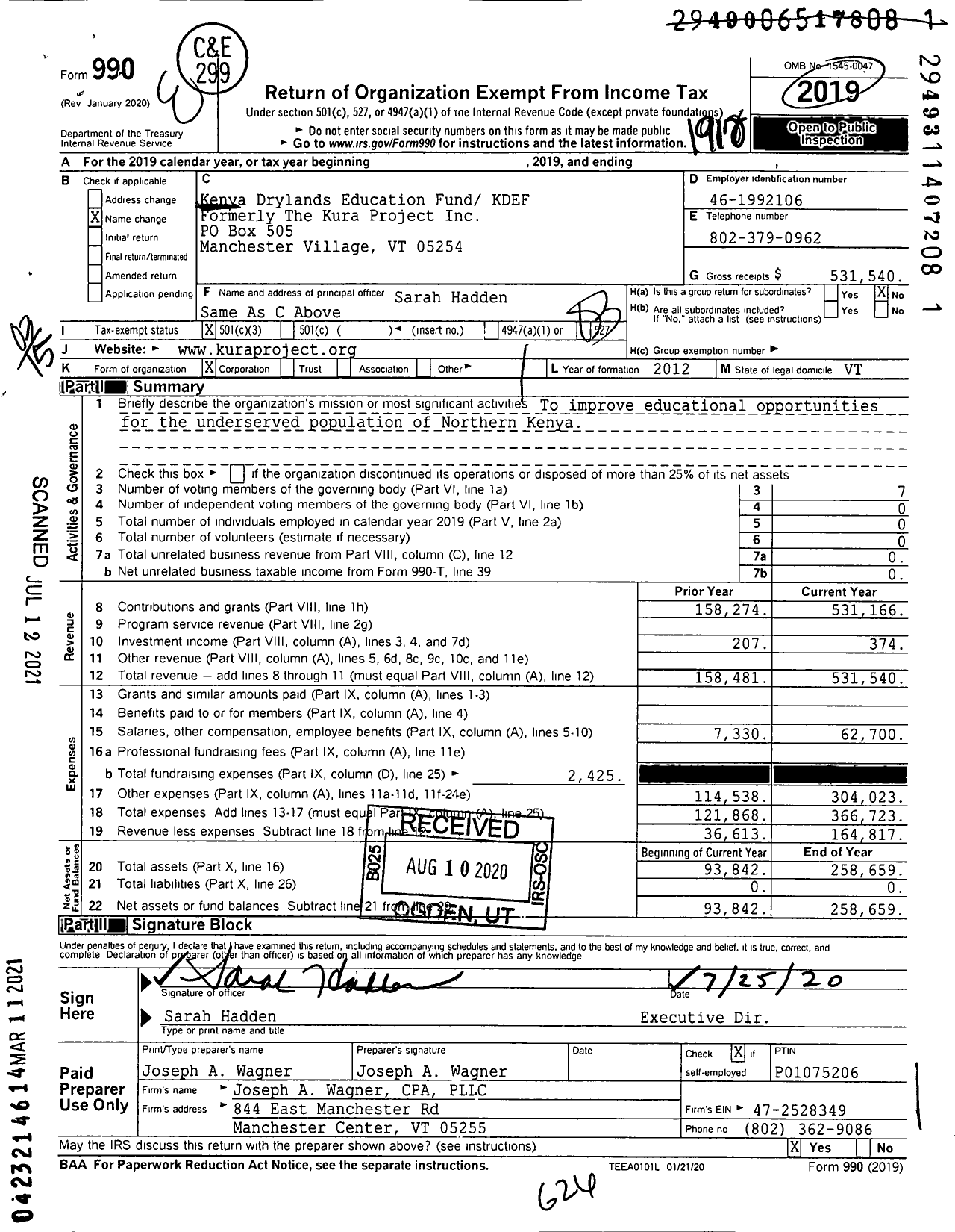 Image of first page of 2019 Form 990 for Kenya Drylands Education Fund KDEF