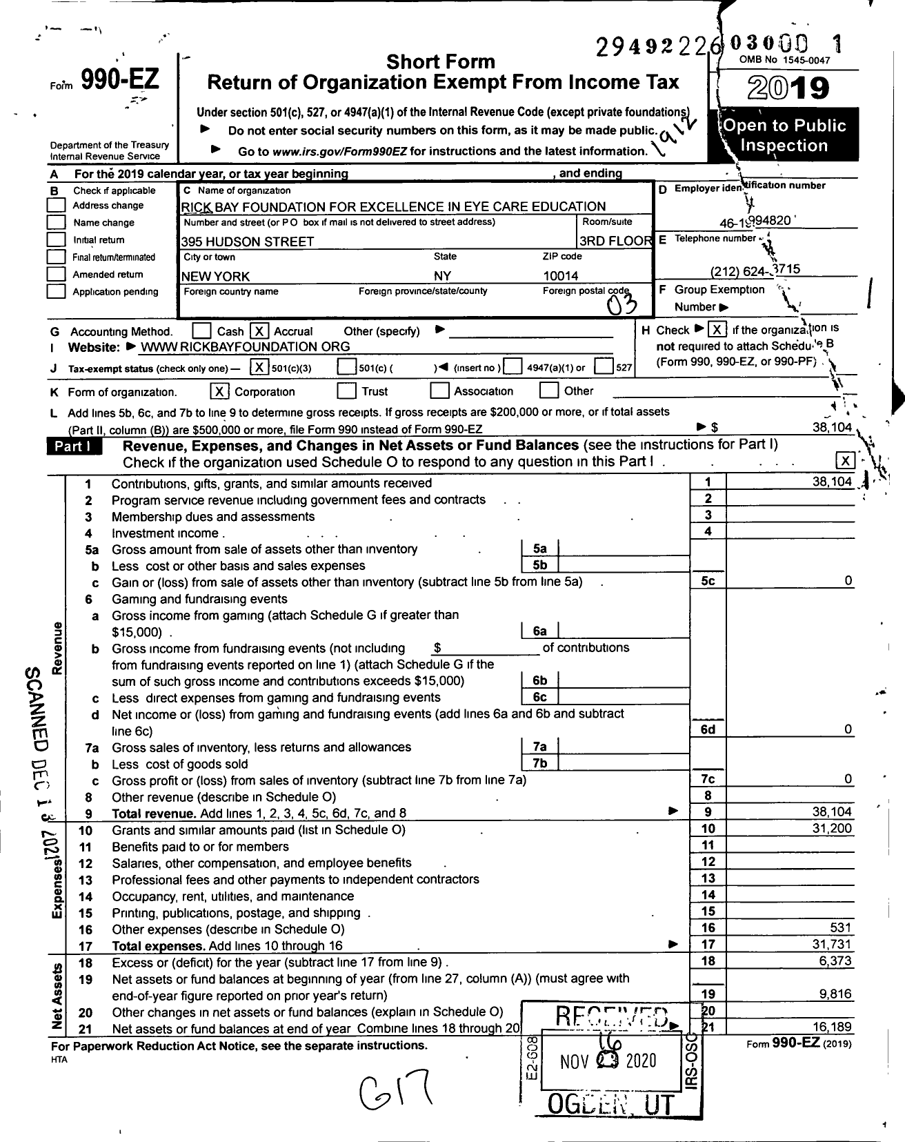 Image of first page of 2019 Form 990EZ for Rick Bay Foundation for Excellence in Eye Care Education