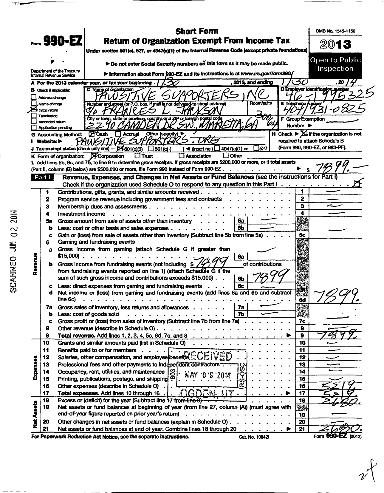 Image of first page of 2013 Form 990EZ for Pawsitive Supporters