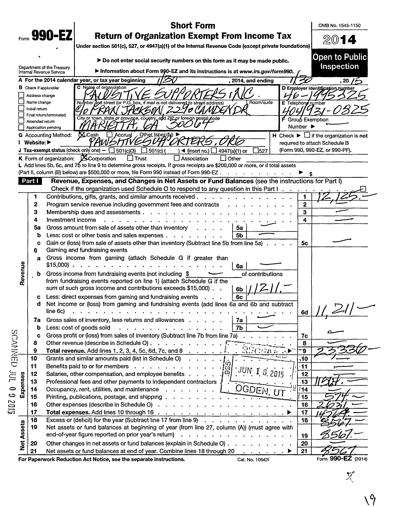 Image of first page of 2014 Form 990EO for Pawsitive Supporters