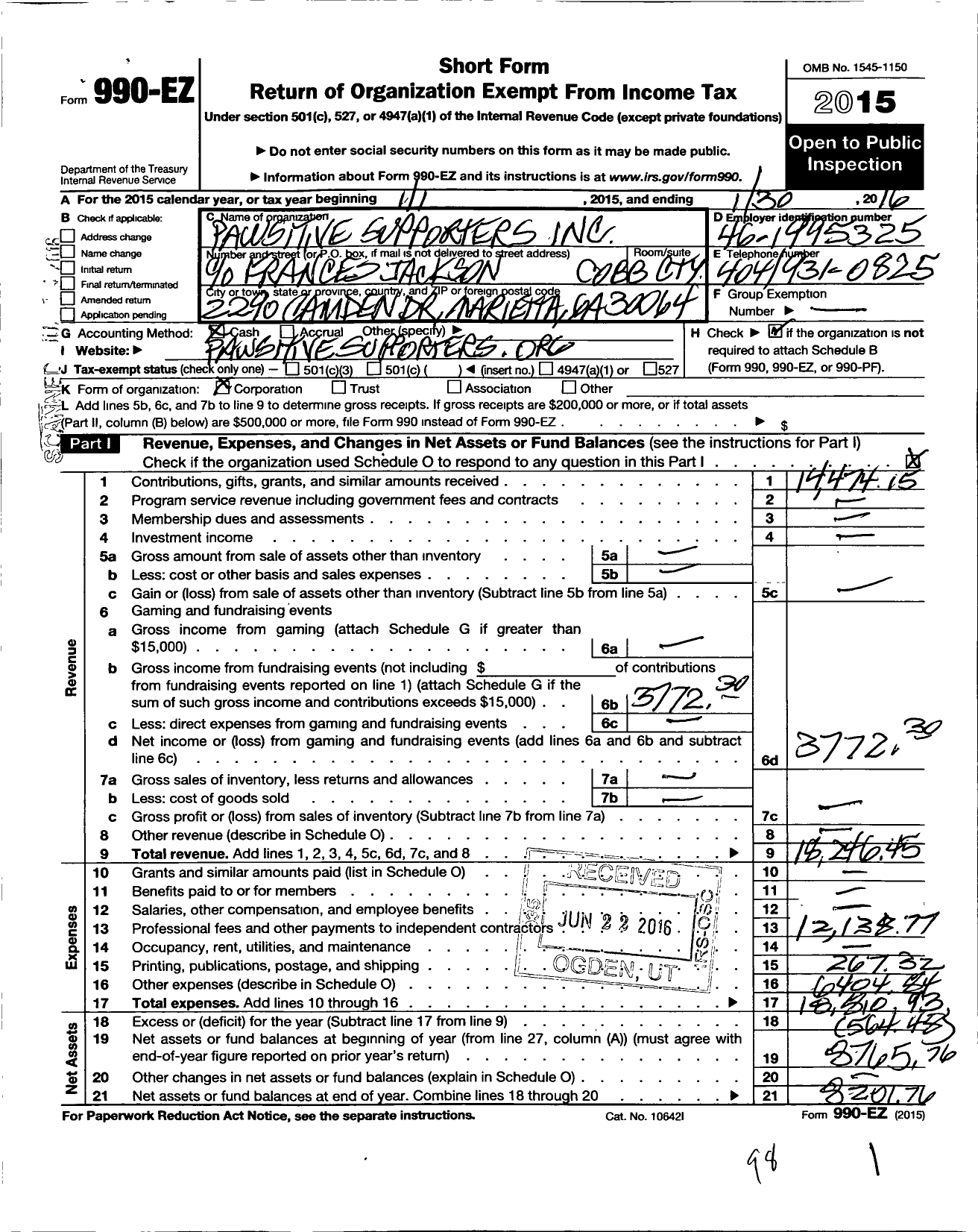 Image of first page of 2015 Form 990EO for Pawsitive Supporters