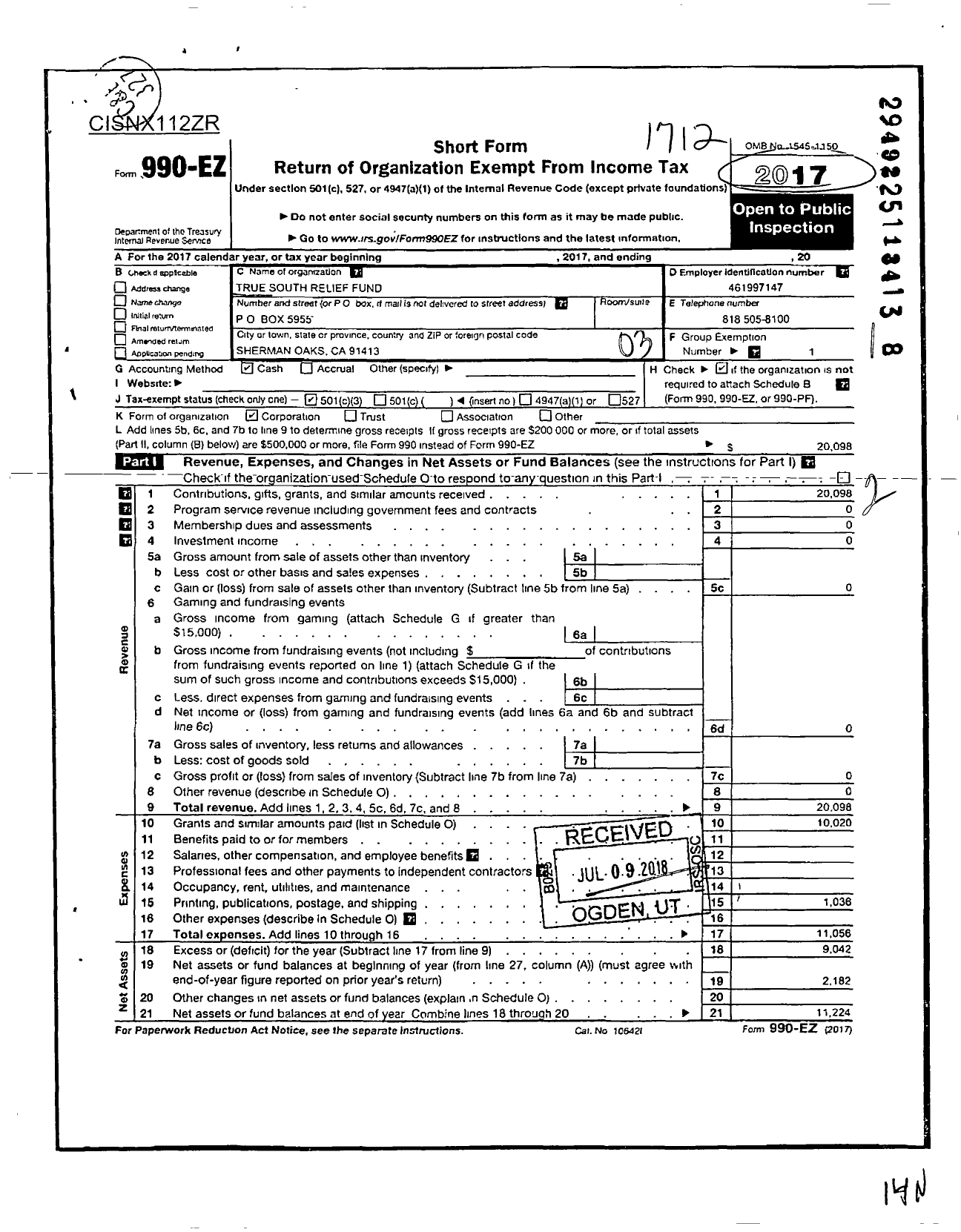 Image of first page of 2017 Form 990EZ for True South Relief Foundation