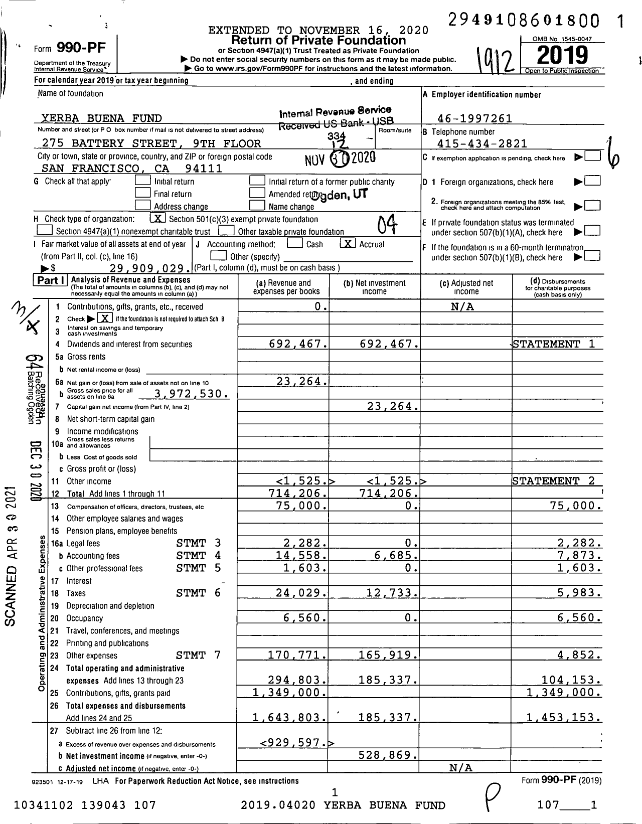 Image of first page of 2019 Form 990PF for Yerba Buena Fund