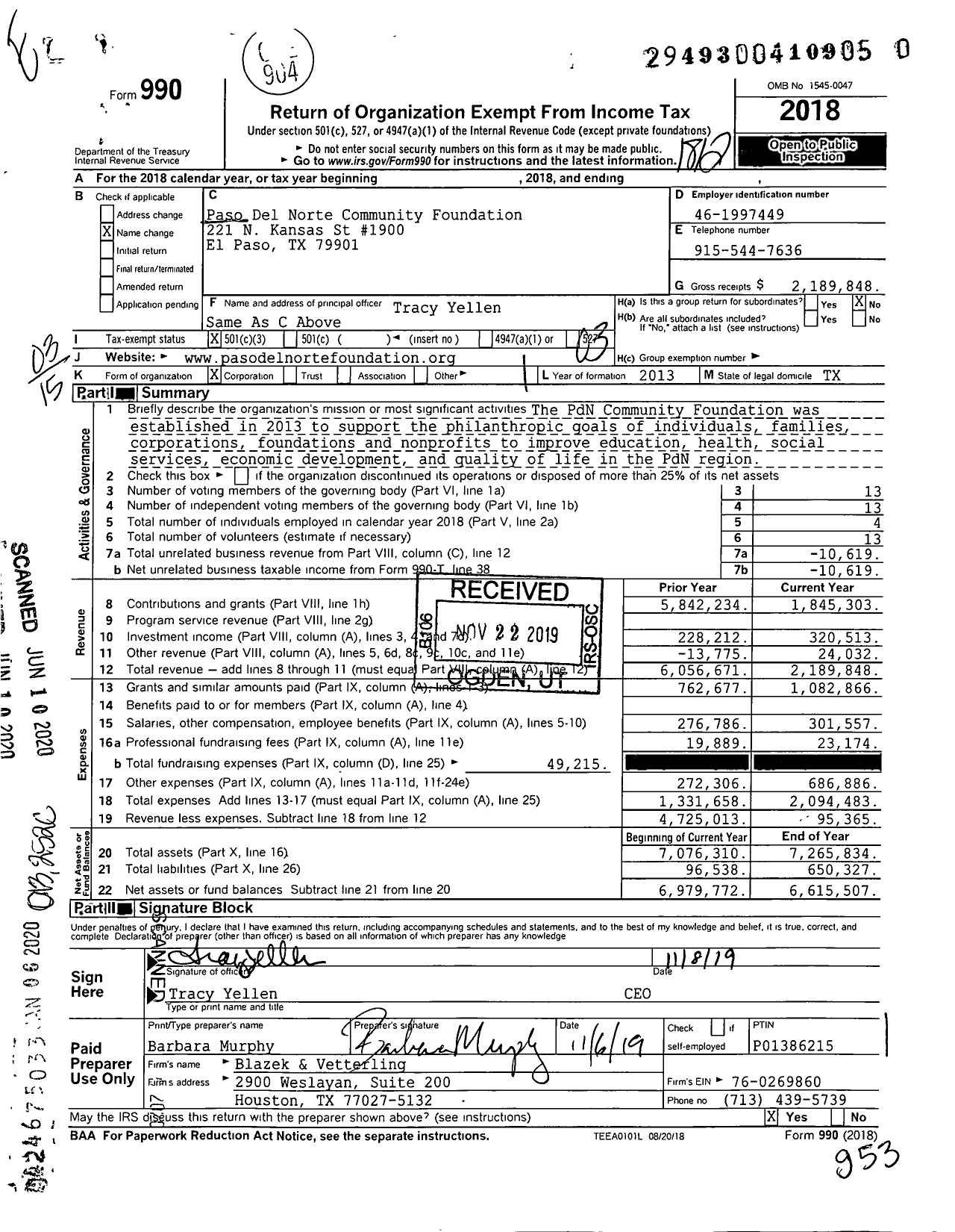 Image of first page of 2018 Form 990 for Paso del Norte Community Foundation
